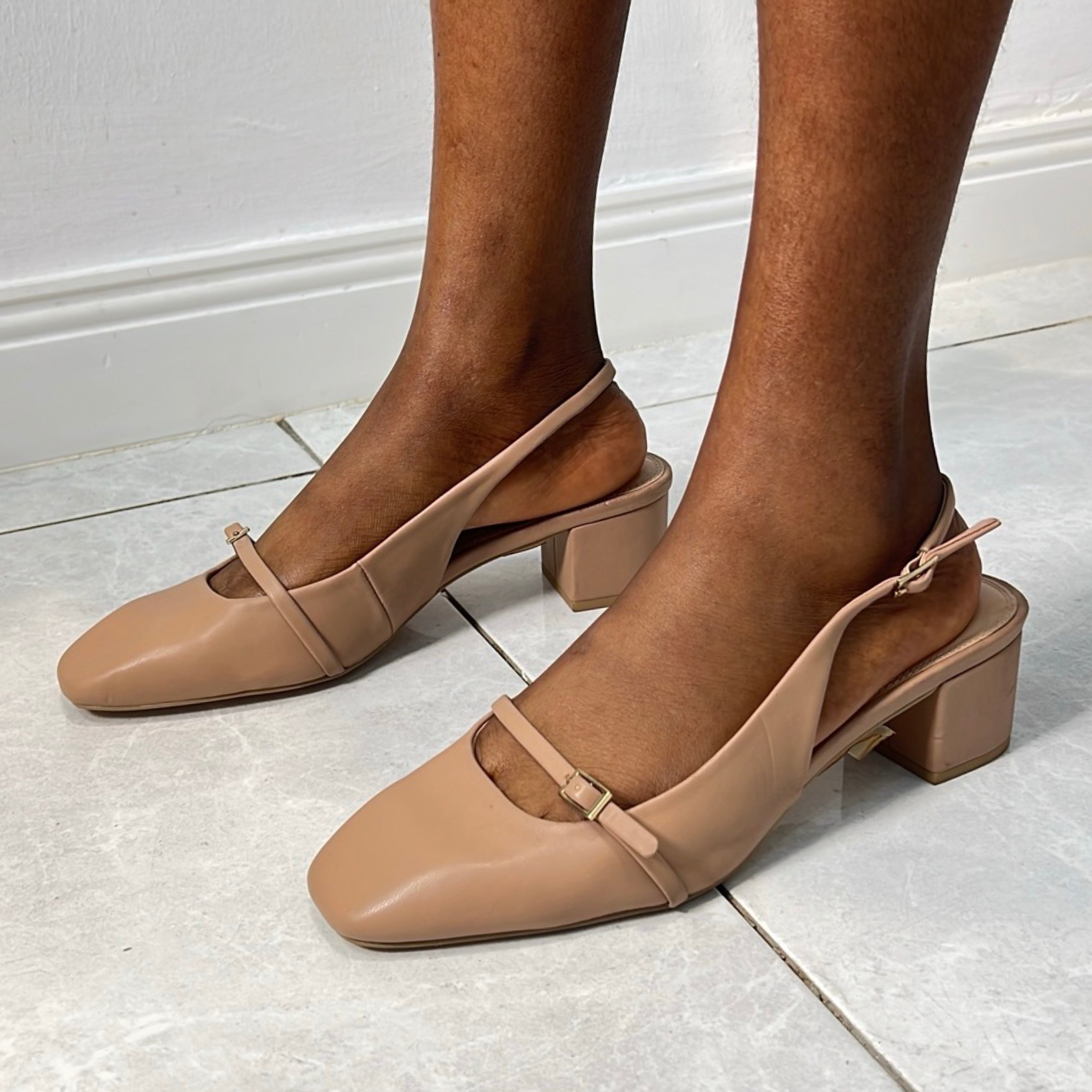 Celeste Square Toe Block Heel Pump in Nude