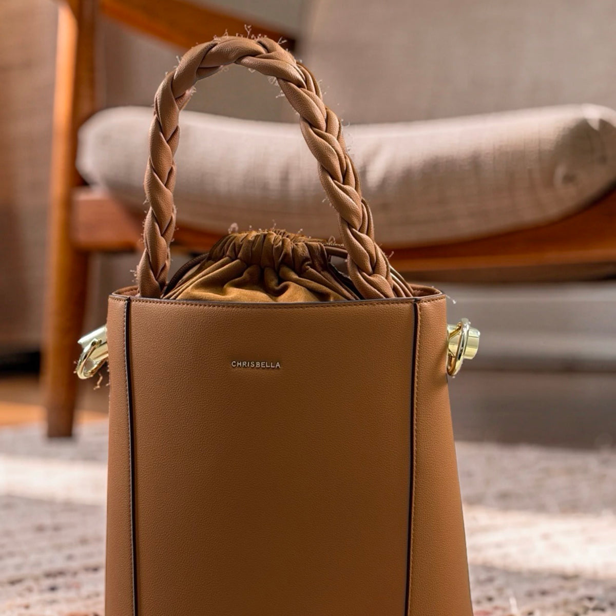 Chrisbella Drawstring Bucket Bag in Camel