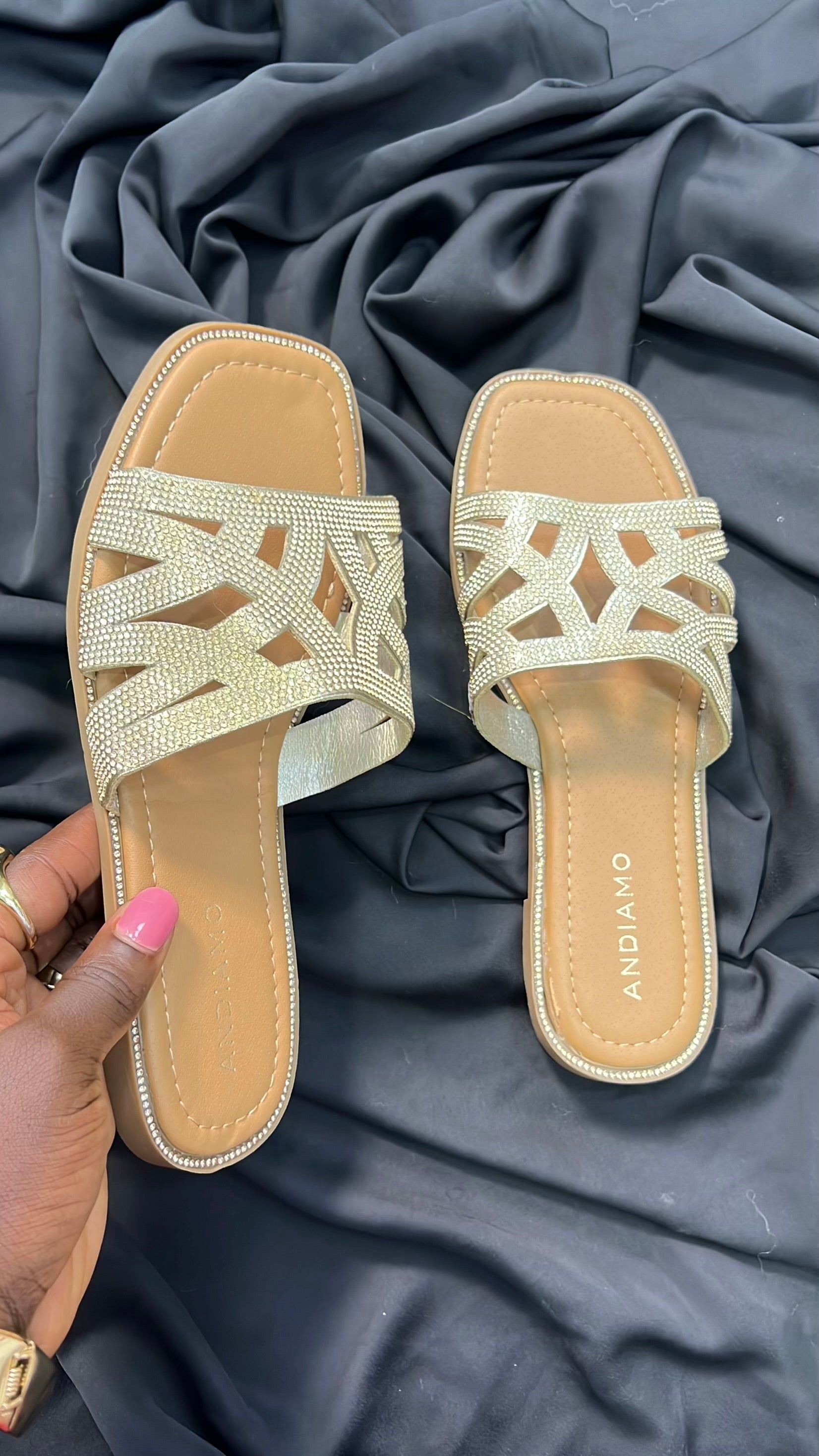 Andiamo Rhinestone Embellished Strap Slide In Gold