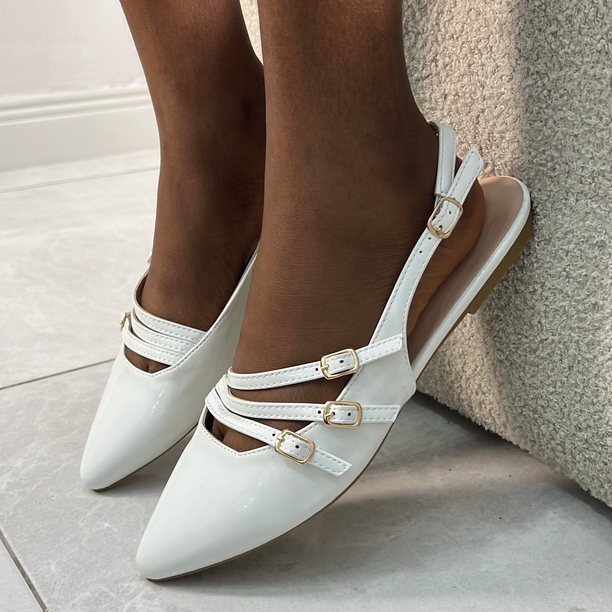Gentle Patent Leather Slingback Flats in White