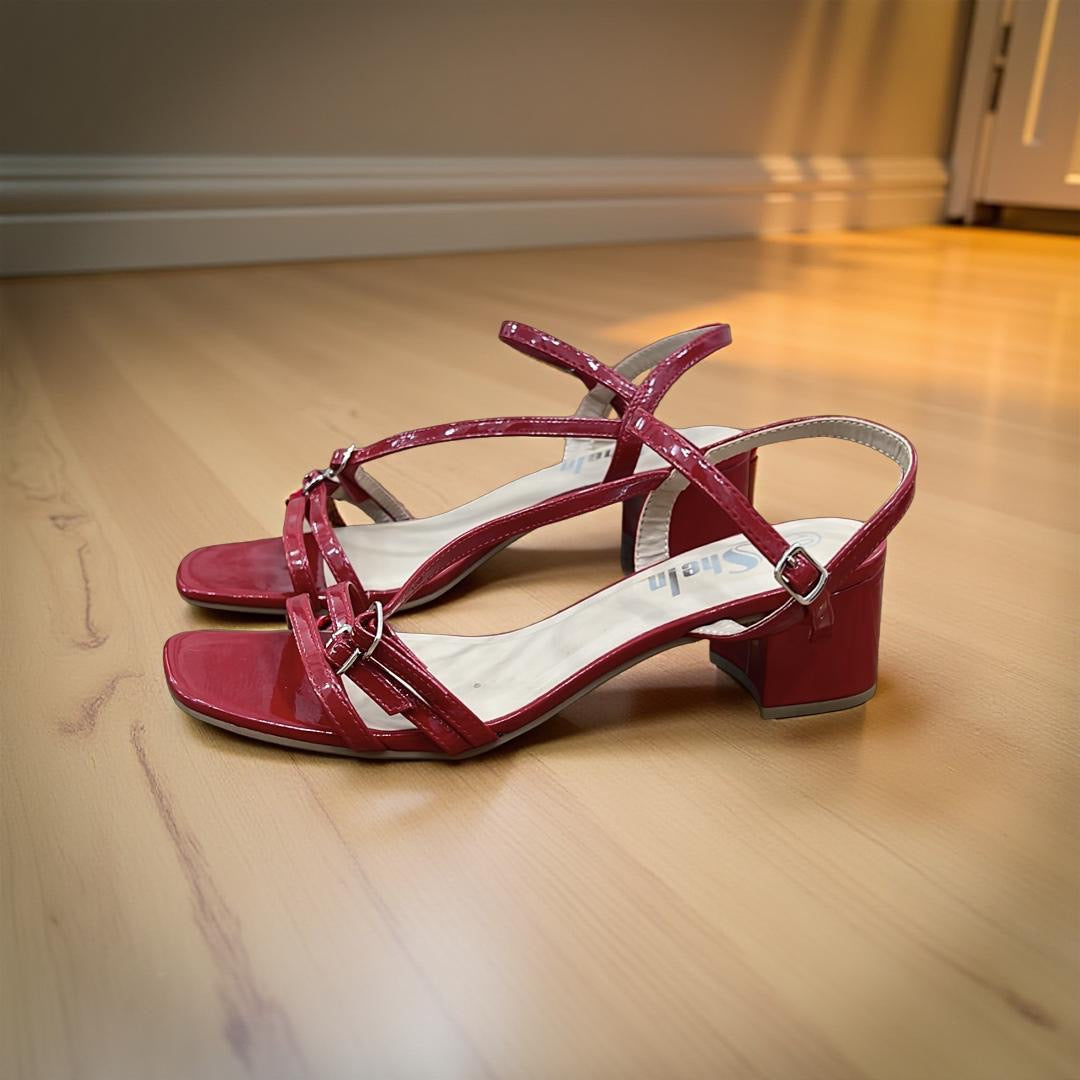 Shein Ankle Strap Block Heel Sandal in Red