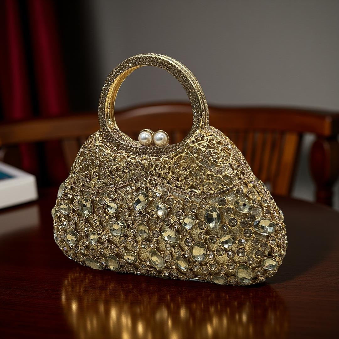 Lisbon Top Handle Clutch Purse with Crystals in Gold
