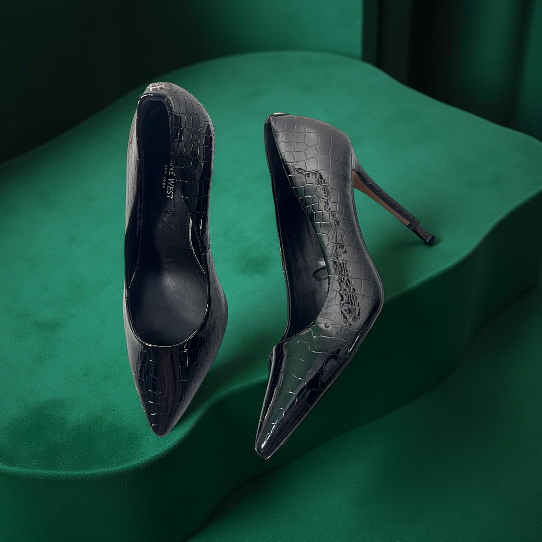Ninewest Faux Croc Patent Leather Pointed Toe Pump in Black