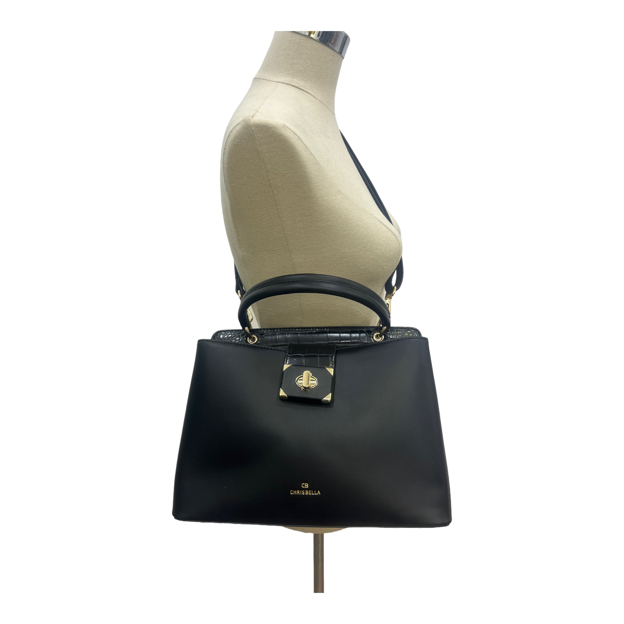 CHRISBELLA GOLD-TONE TOP HANDLE BAG IN BLACK