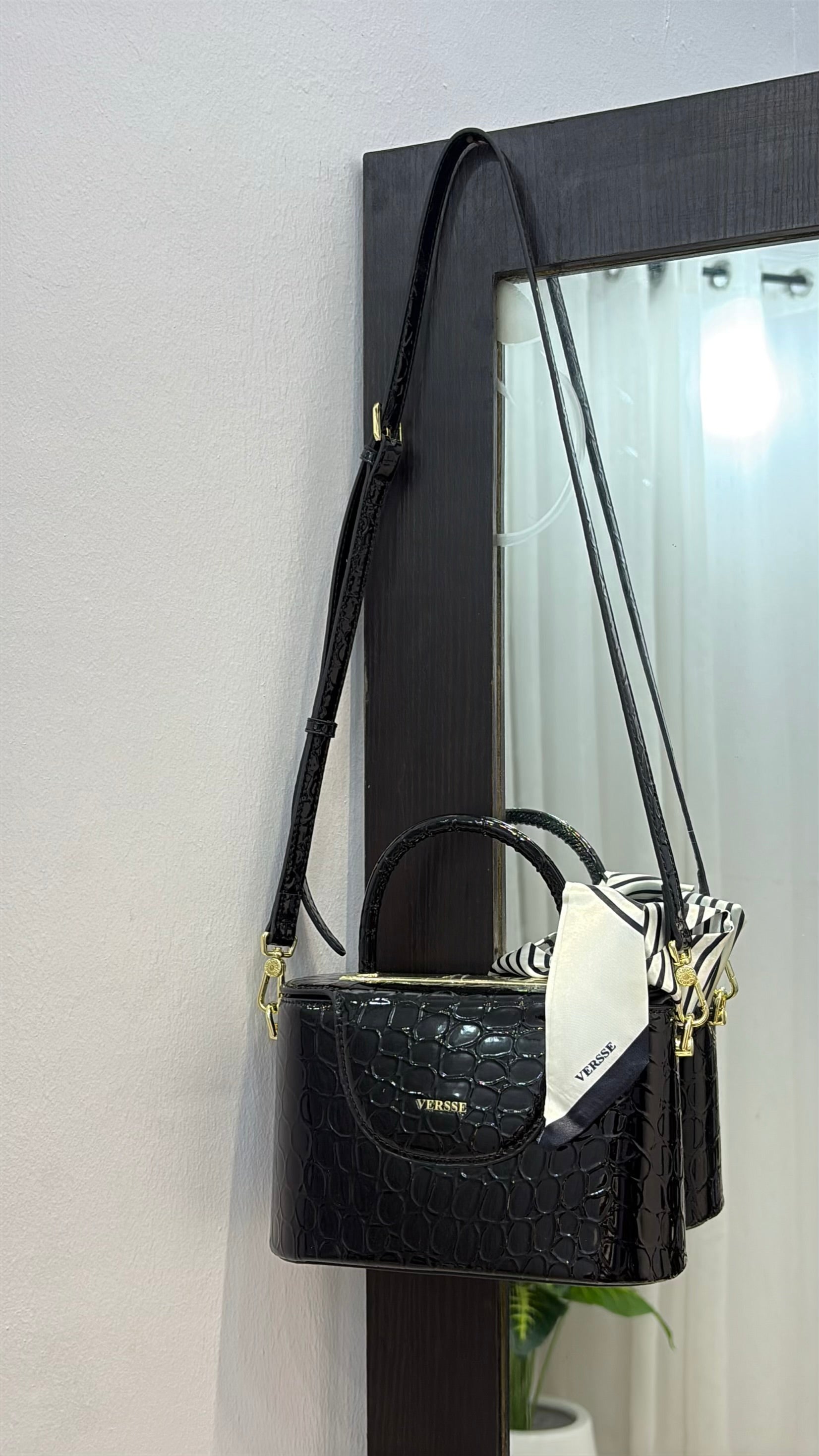Versse Top Handle Faux Croc Skin Mini Bag in Black