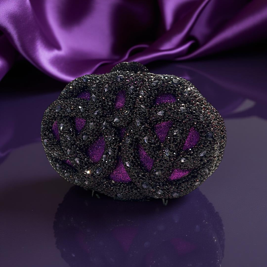 Seoul Spiral Detail Design Clutch Party Purse with Stones in Dark Purple