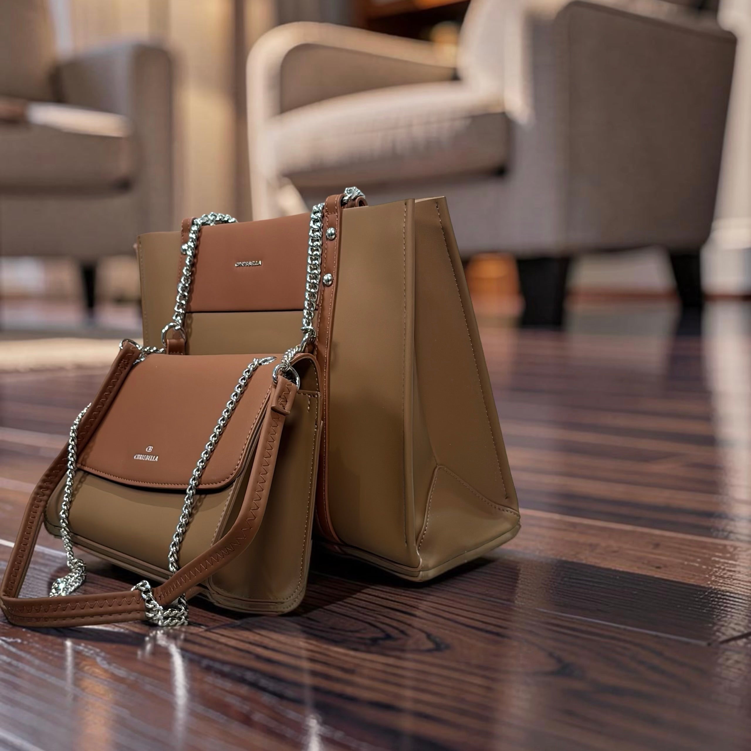 Chrisbella Two-Tone Chain Handle Bag in Brown