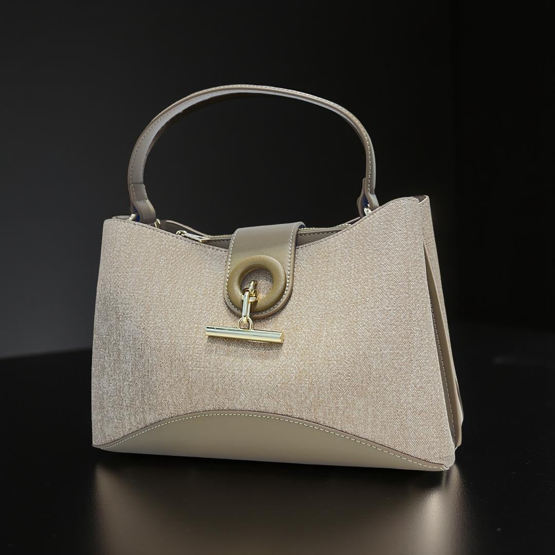 Chrisbella Contrast Leather Triple Compartment Bag in Beige