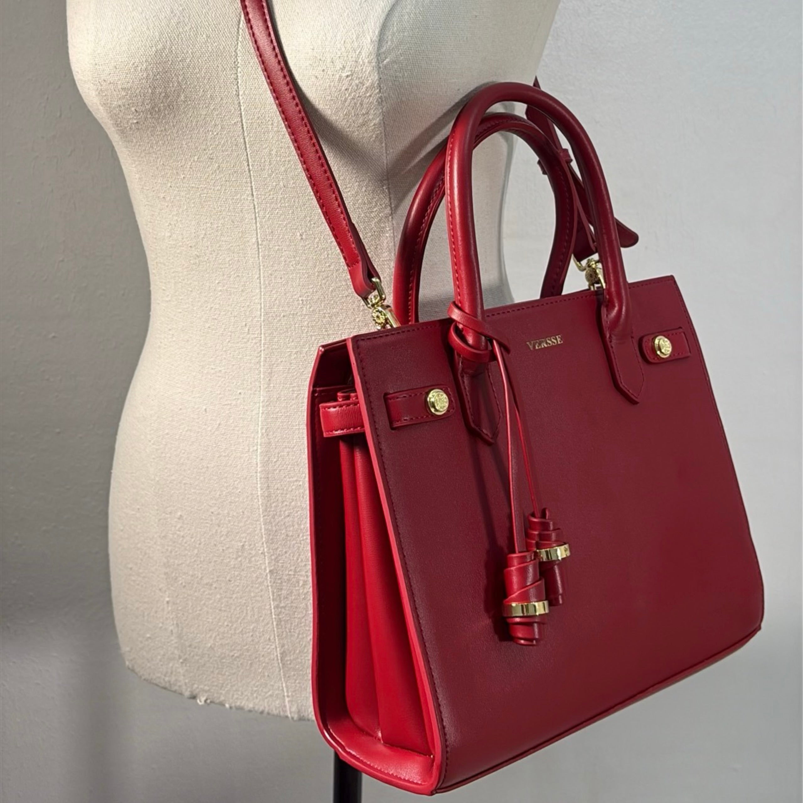 Versse Tassel Detail Structured Double Handle Bag in Bordo