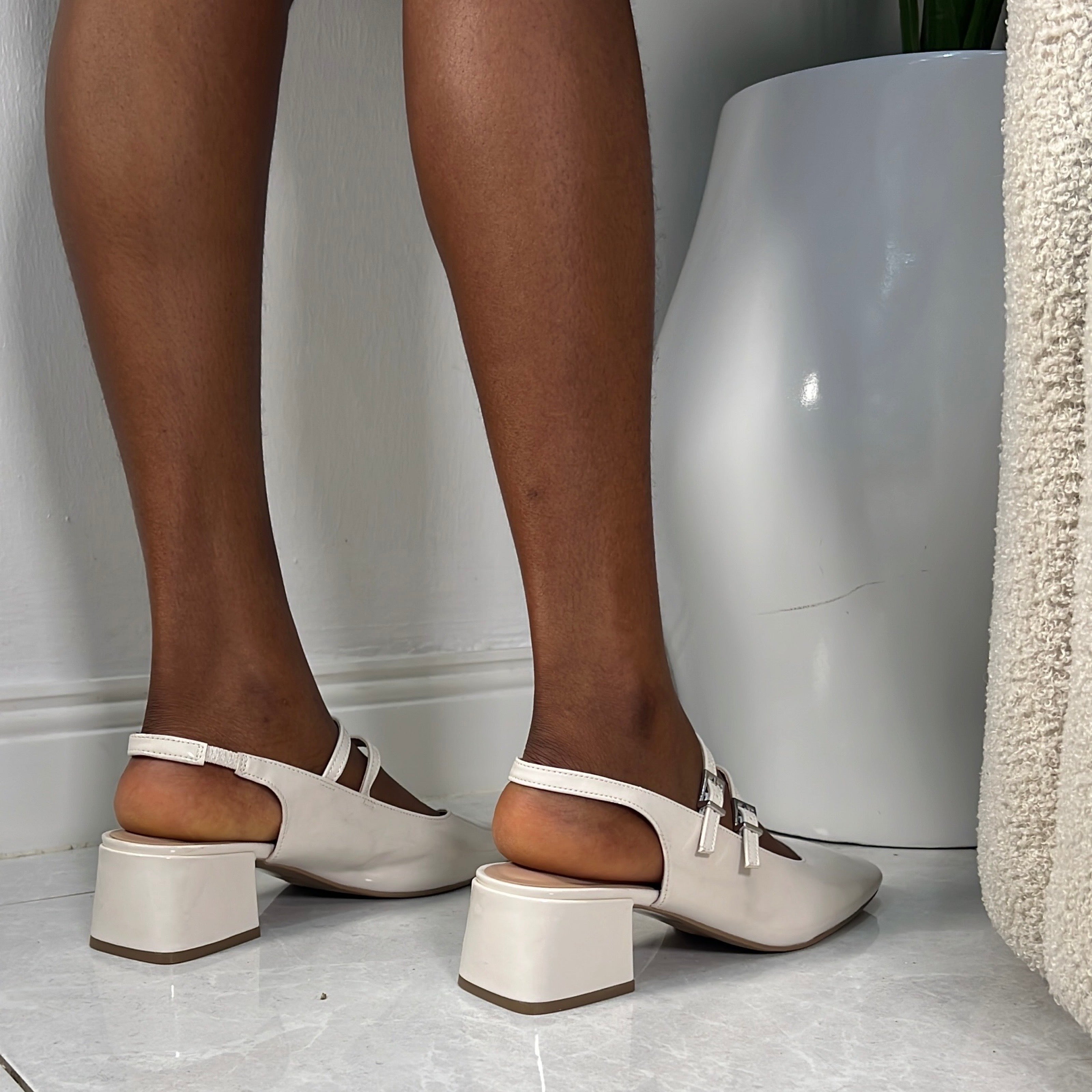 Atlas Square Toe Patent Leather Block Heel Pump in Ecru