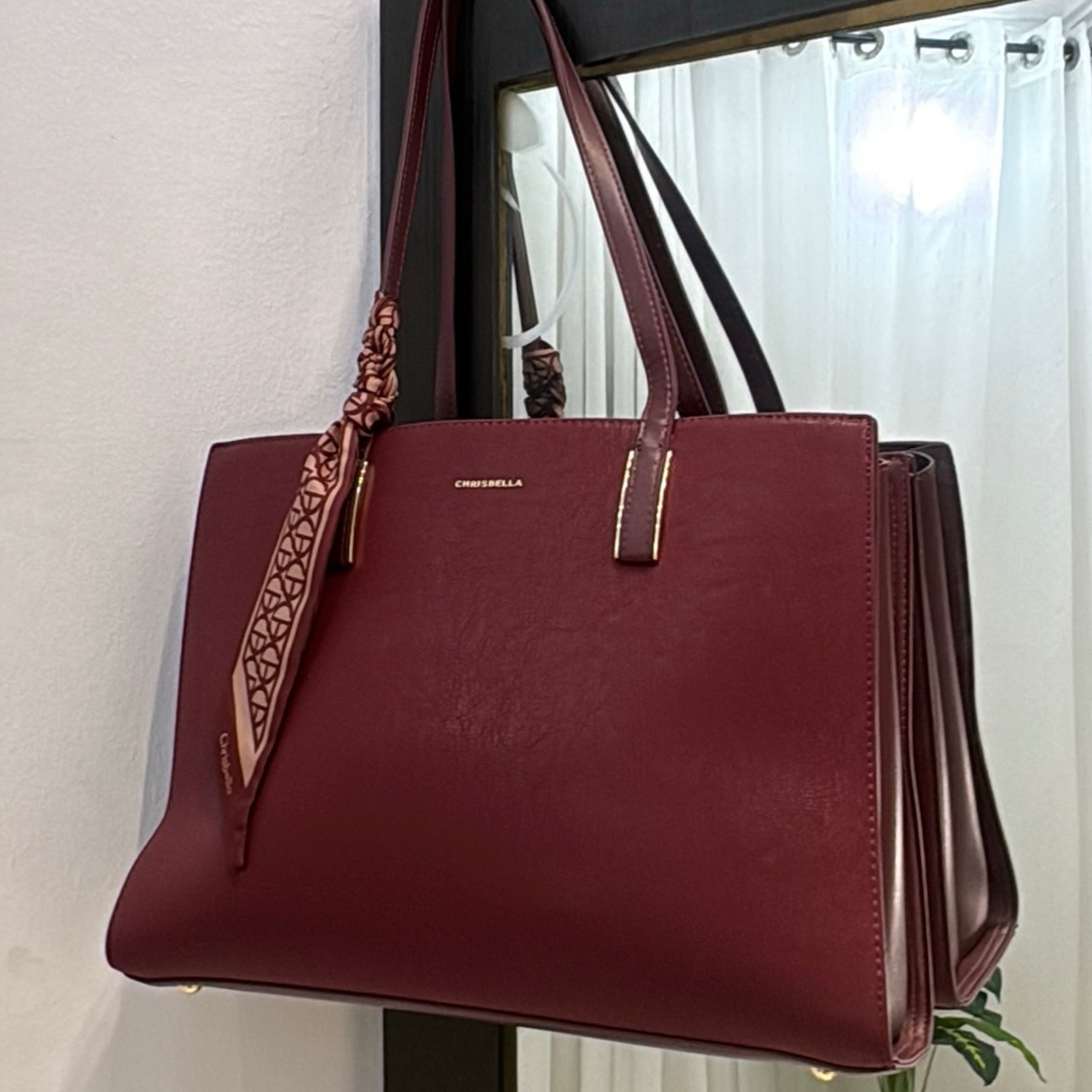 Chrisbella Scarf Detail Shoulder Tote in Burgundy
