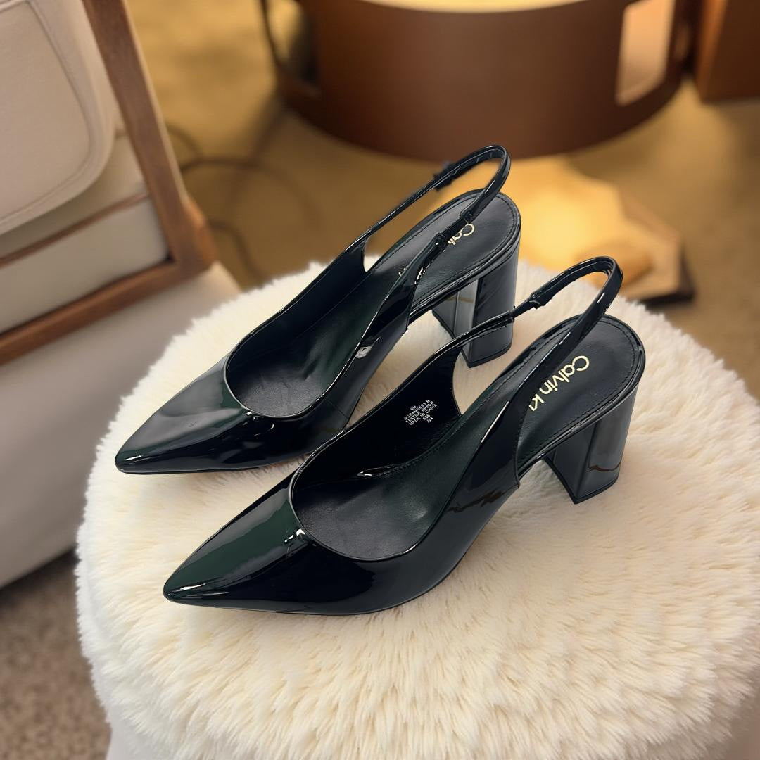 Calvin Klein Patent Leather Pointed Toe Block Heel Slingbacks in Black