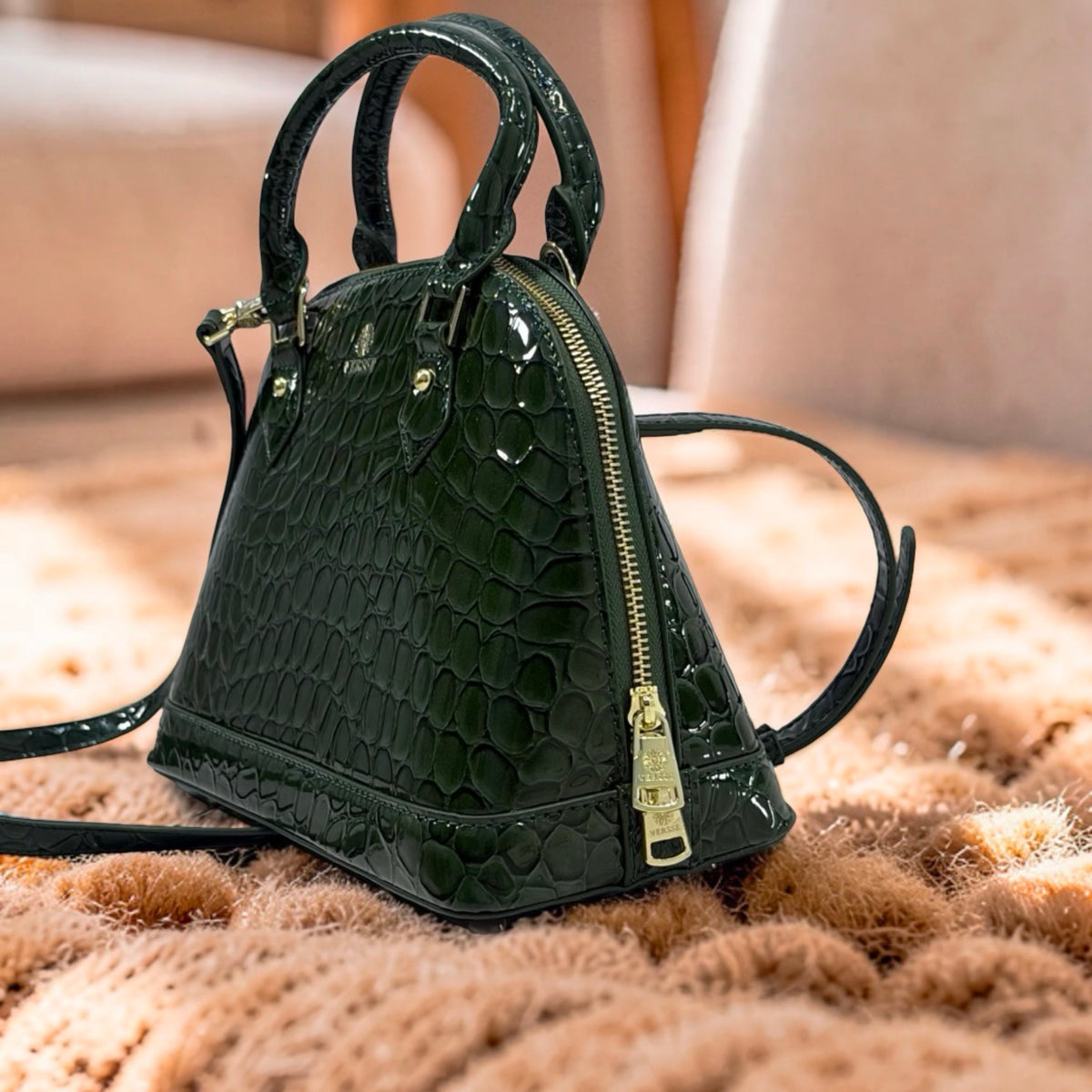 Versse Faux Croc Patent Leather Bag in Green