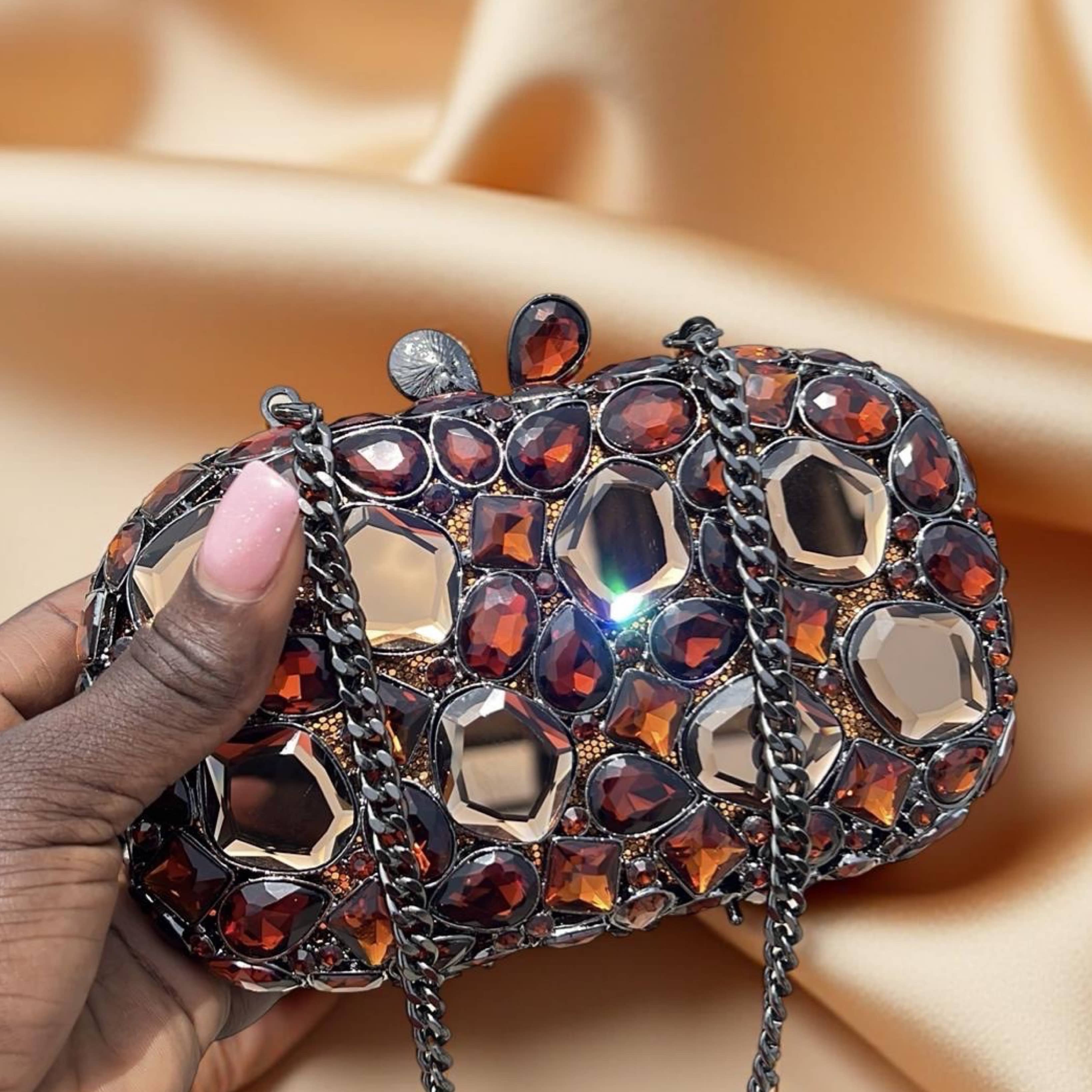 Tulum Sparkle Clutch Bronze Rhinestone Evening Bag with Chain Strap