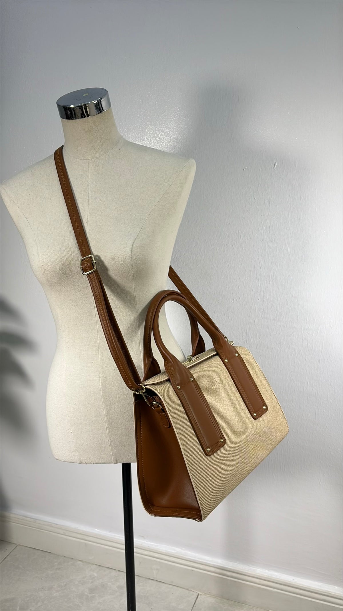Chrisbella Textured Two-in-One Bag in Beige
