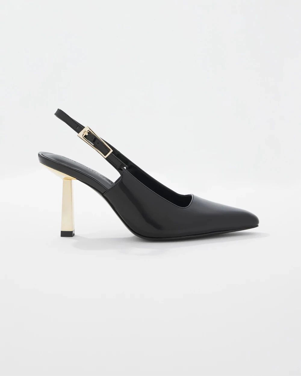 WHBM Leather Gold-Heeled Slingback Heels in Black