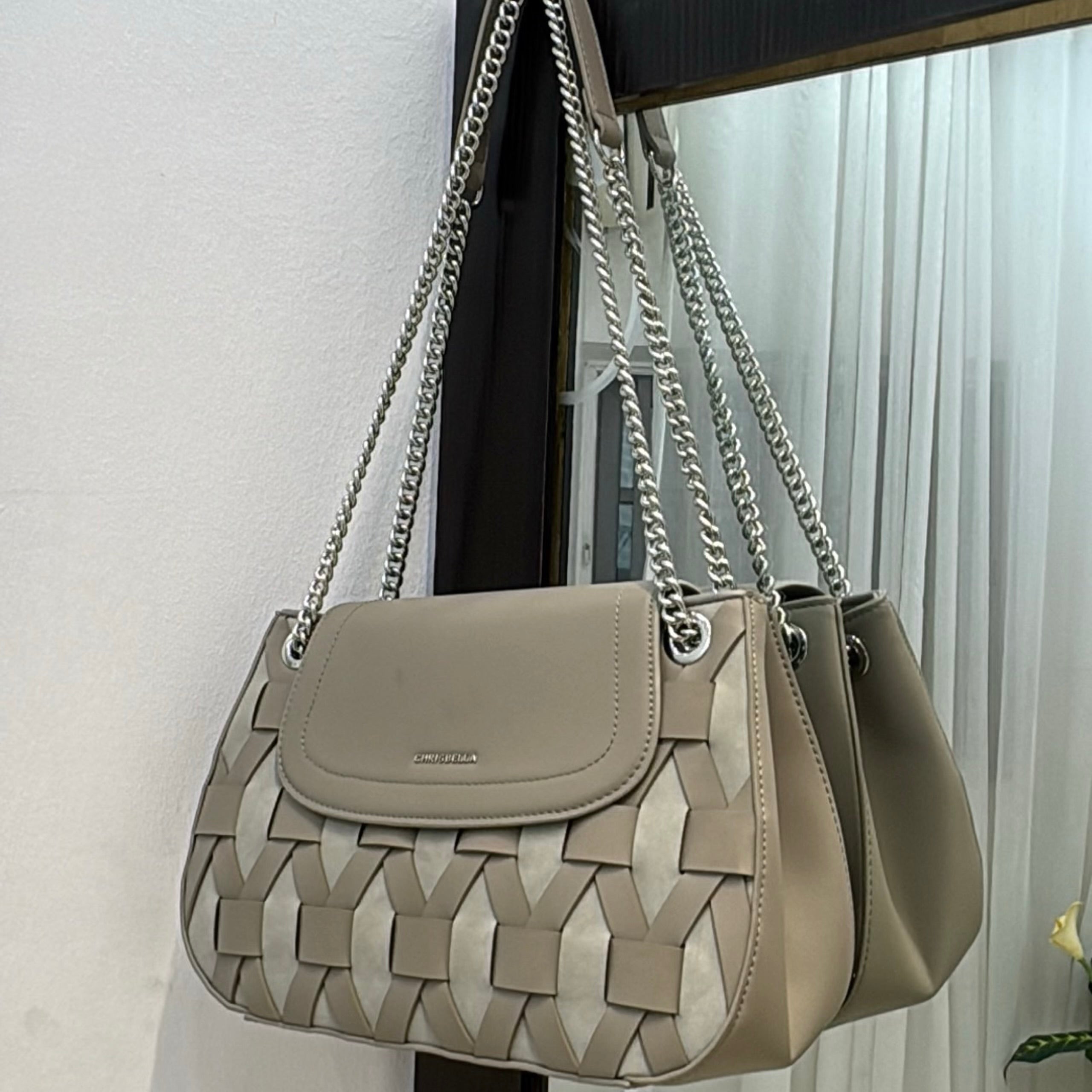 Chrisbella Woven Detail Chain Handle Sling bag in Grey