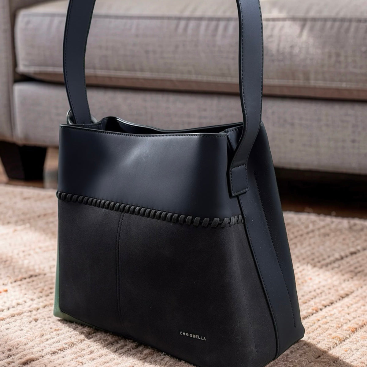 Chrisbella Single Belt Strap Bag Suede Detail Bag in Black