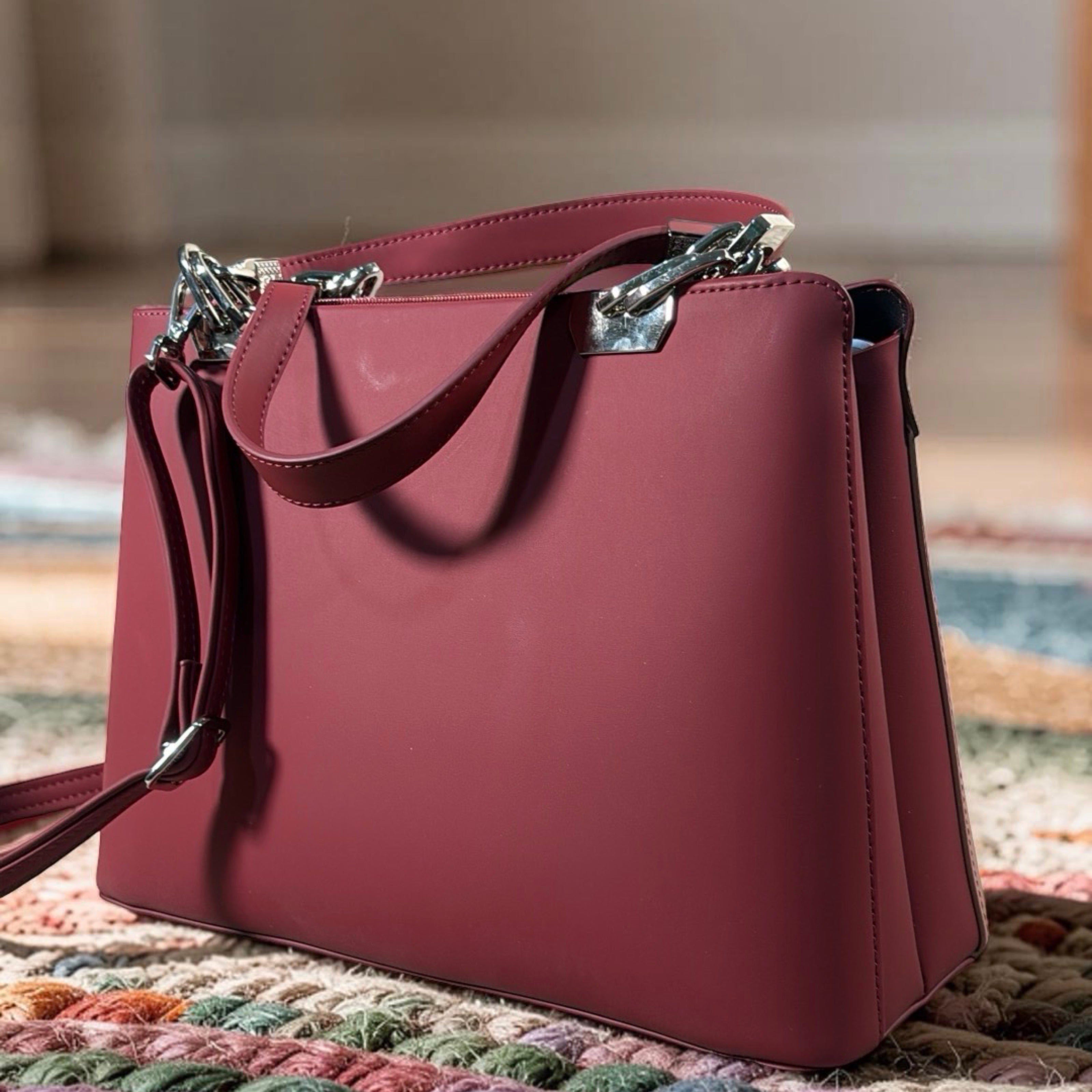 Chrisbella Metal Detail Double Handle 2-in-1 Bag in Wine
