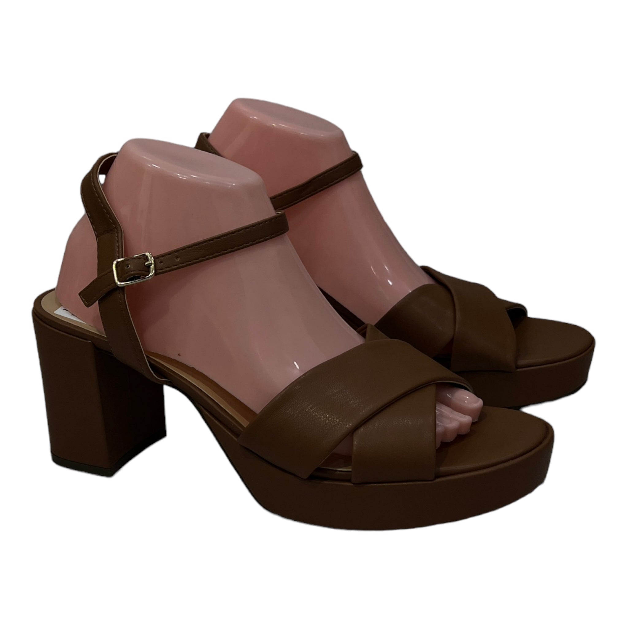 UNISA CROSS STRAP BLOCK HEEL SANDAL IN COGNAC