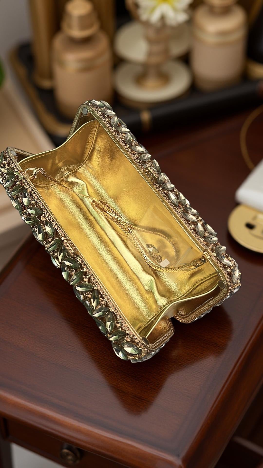 Kyoto Clutch Structured Party Purse with Stones in Gold