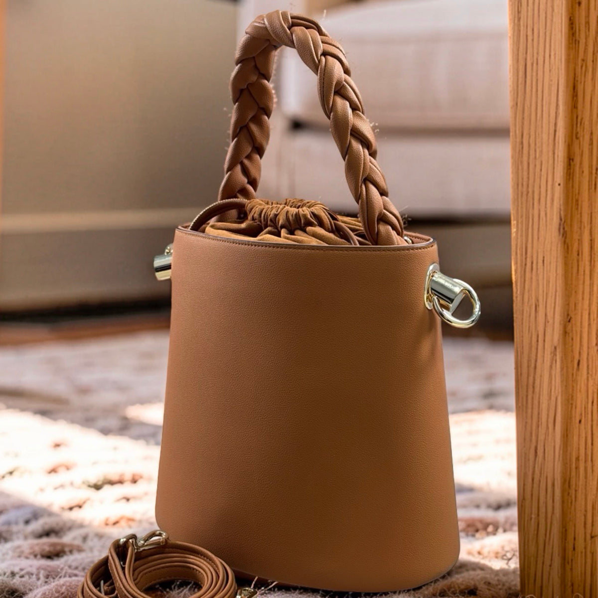Chrisbella Drawstring Bucket Bag in Camel