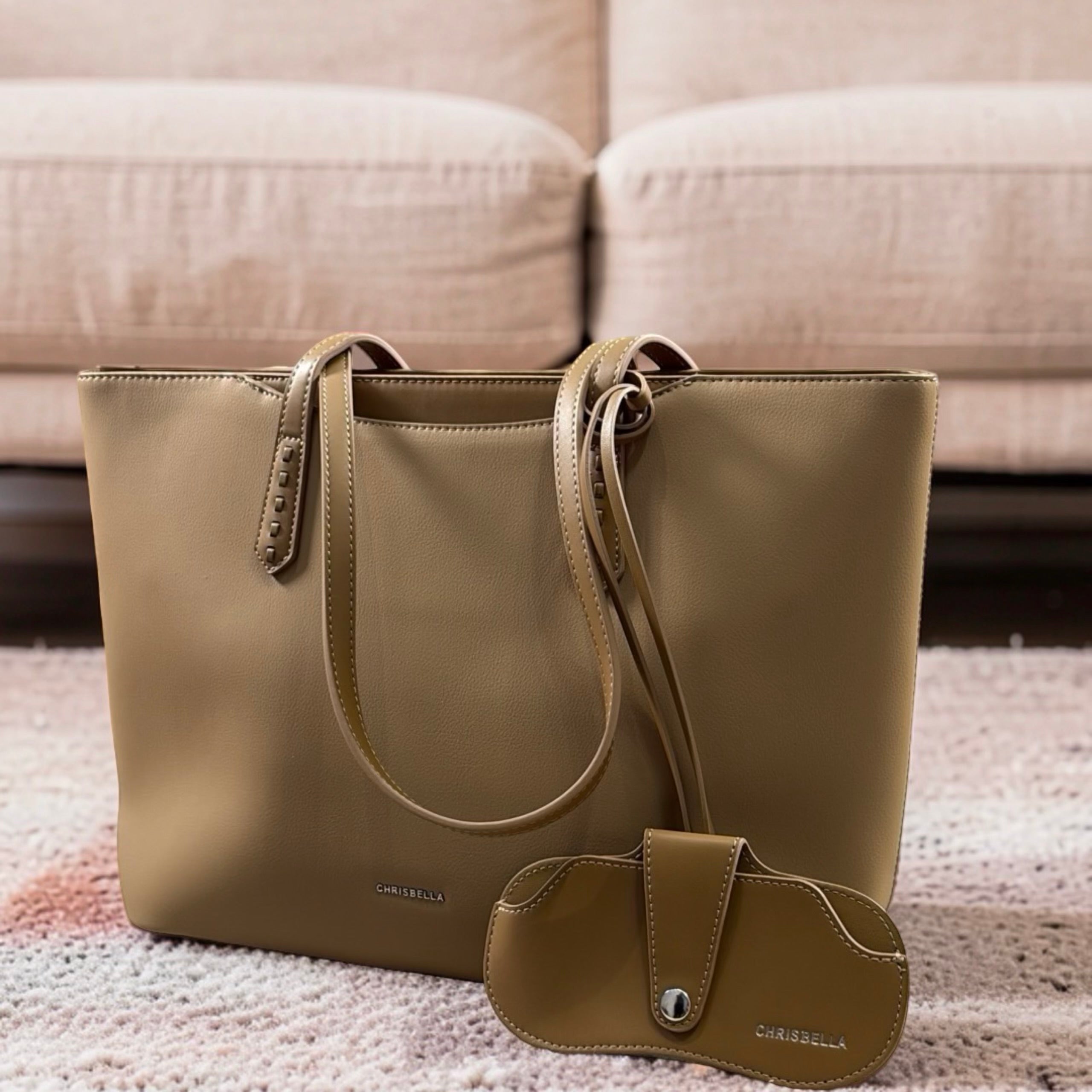 Chrisbella Large Leather Sunglasses Charm Detail Bag in Khaki