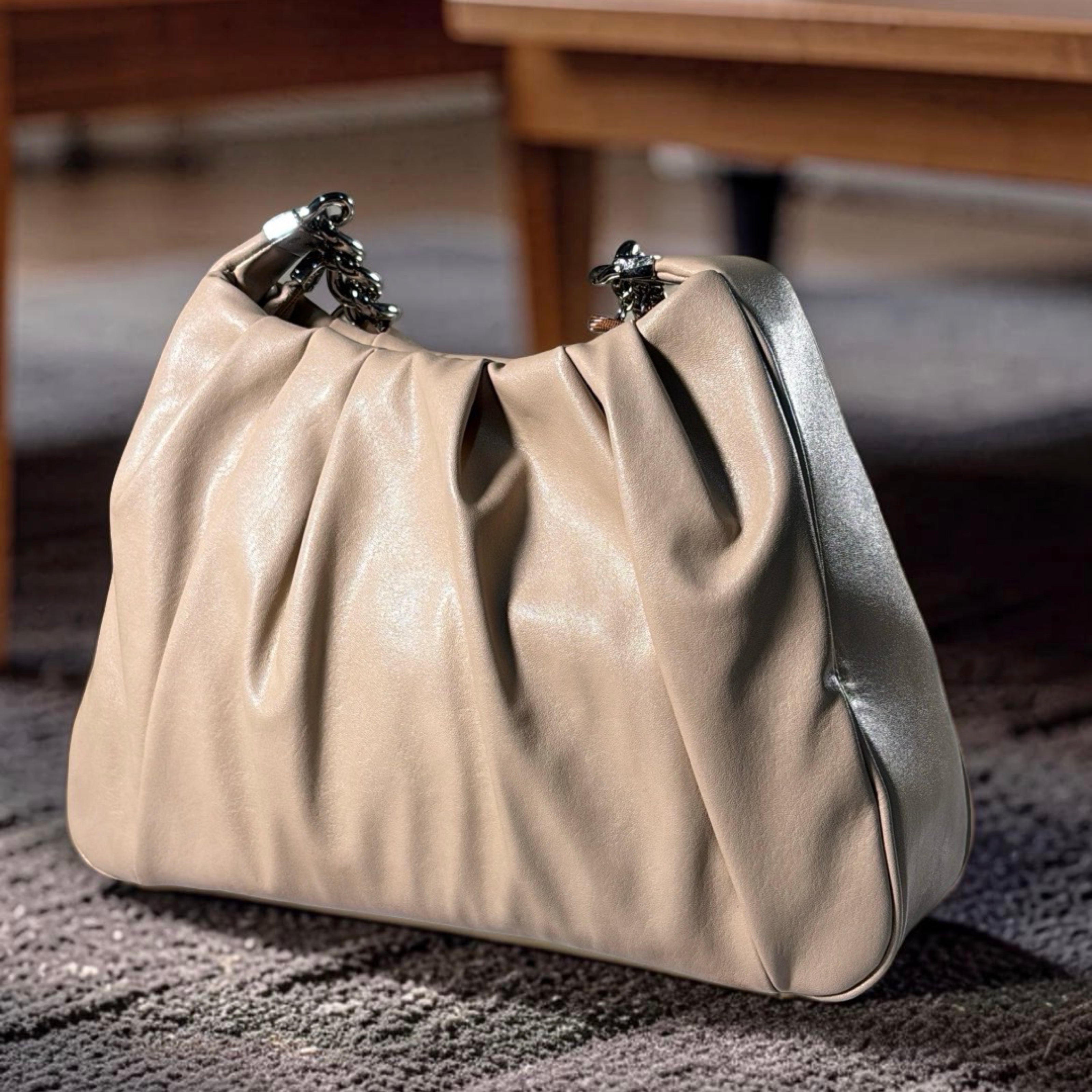 Chrisbella Ruched Deisgn Single Strap Bag in Beige