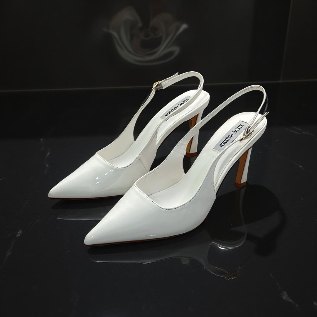 Steve Madden Patent Leather Pointed Toe Slingback Heels in White