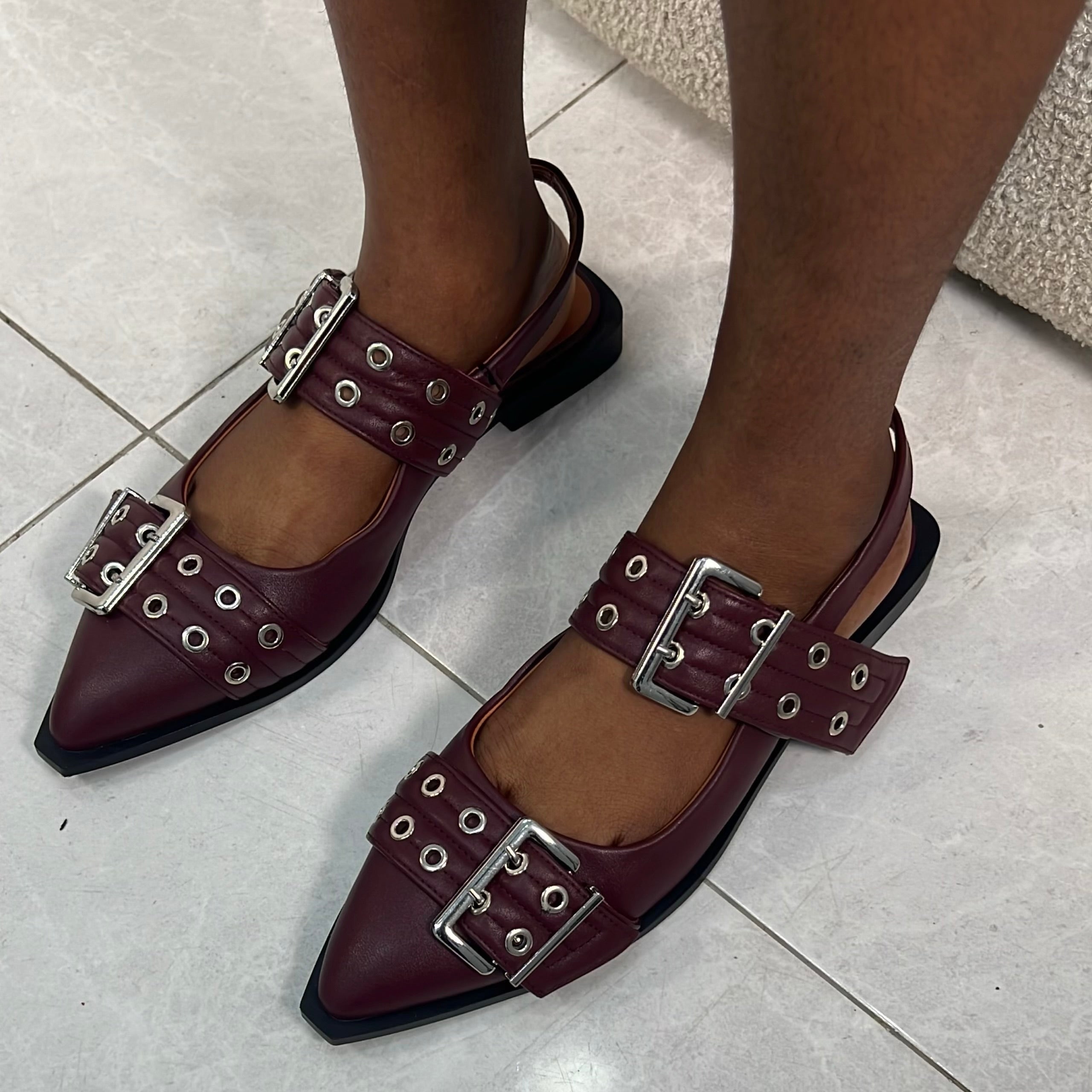 Lux Perforated Slingback Shoes in Burgundy