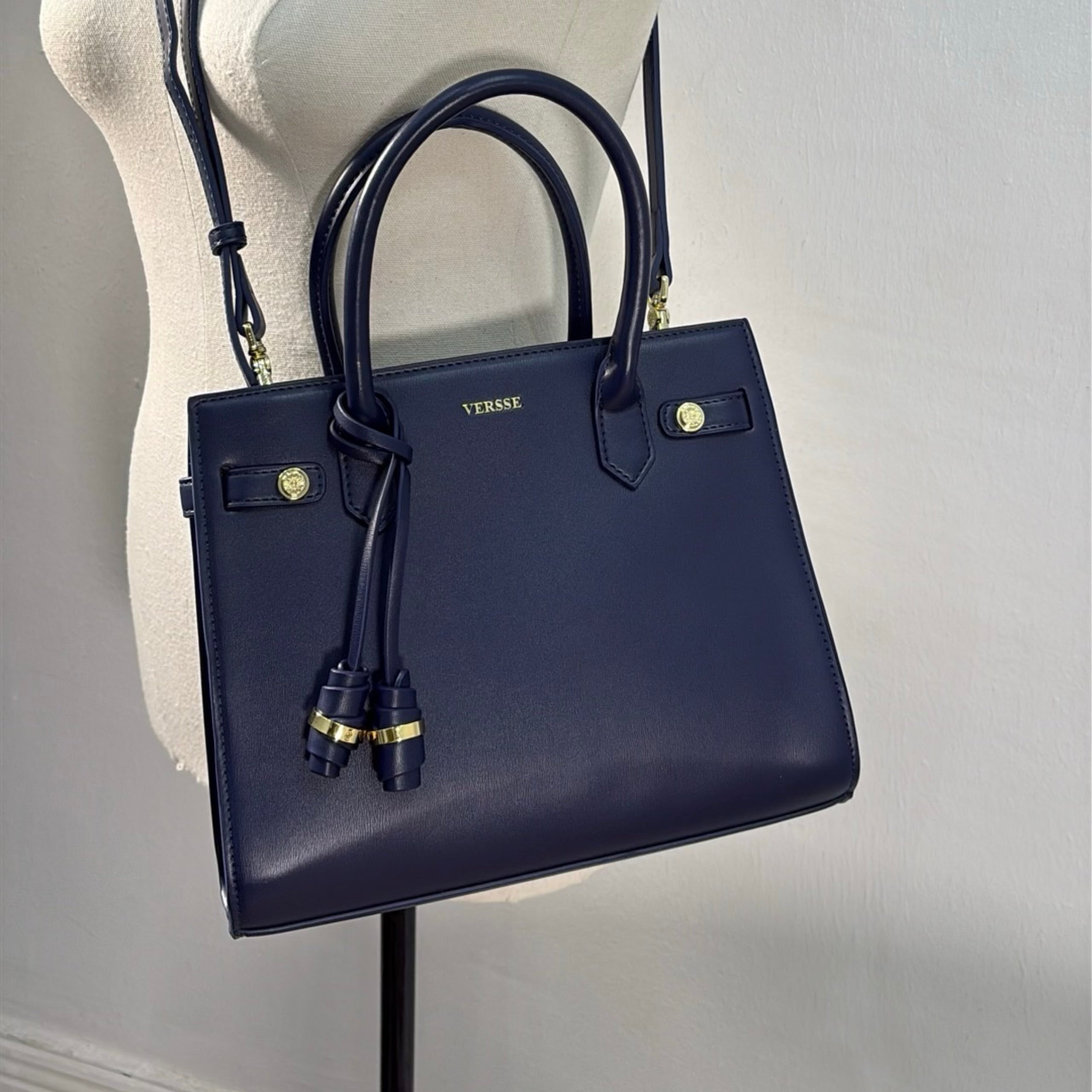 Versse Tassel Detail Structured Double Handle Bag in Navy