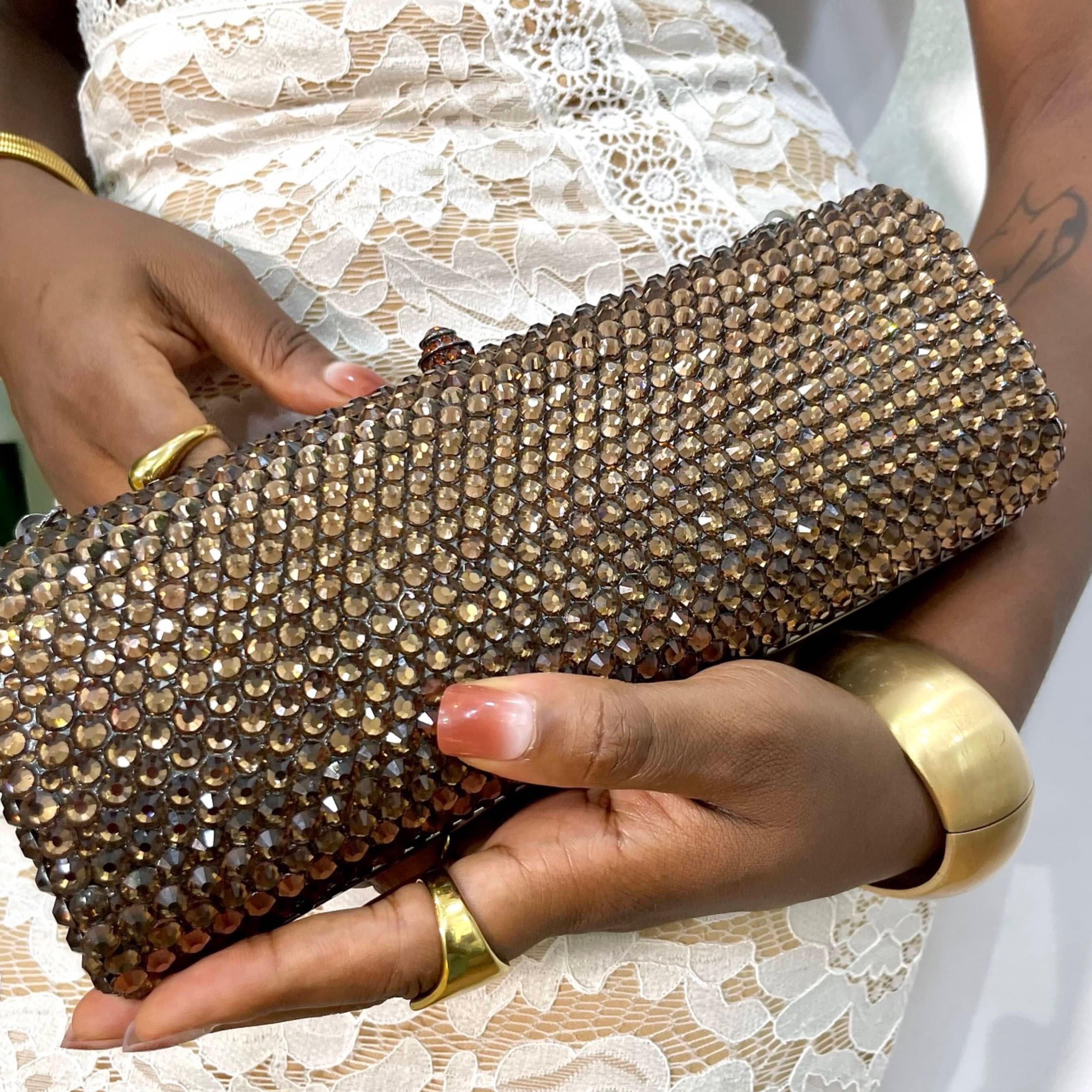 Paris Brown Evening Bag Silver Rhinestone Clutch for Events