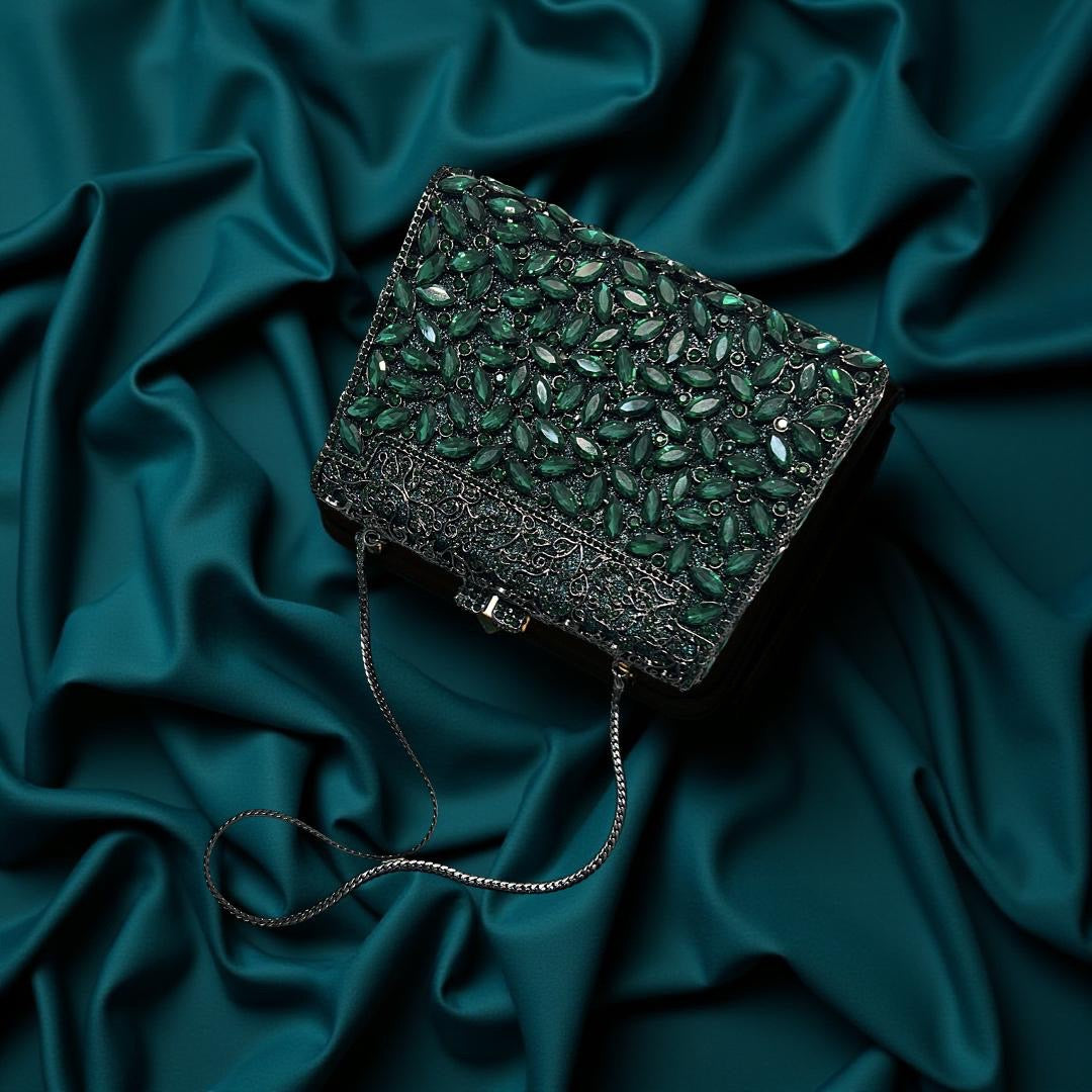 Milan Luxe Clutch Structured Party Purse with Stones in Forest Green