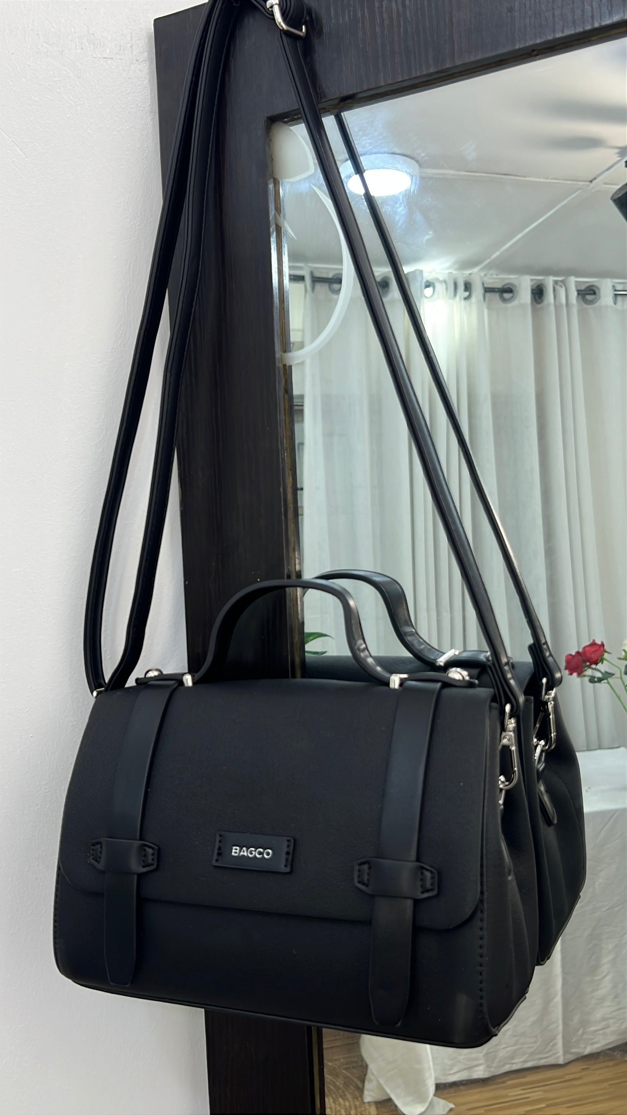 Bagco Leather Strap Top Handle Satchel in Black