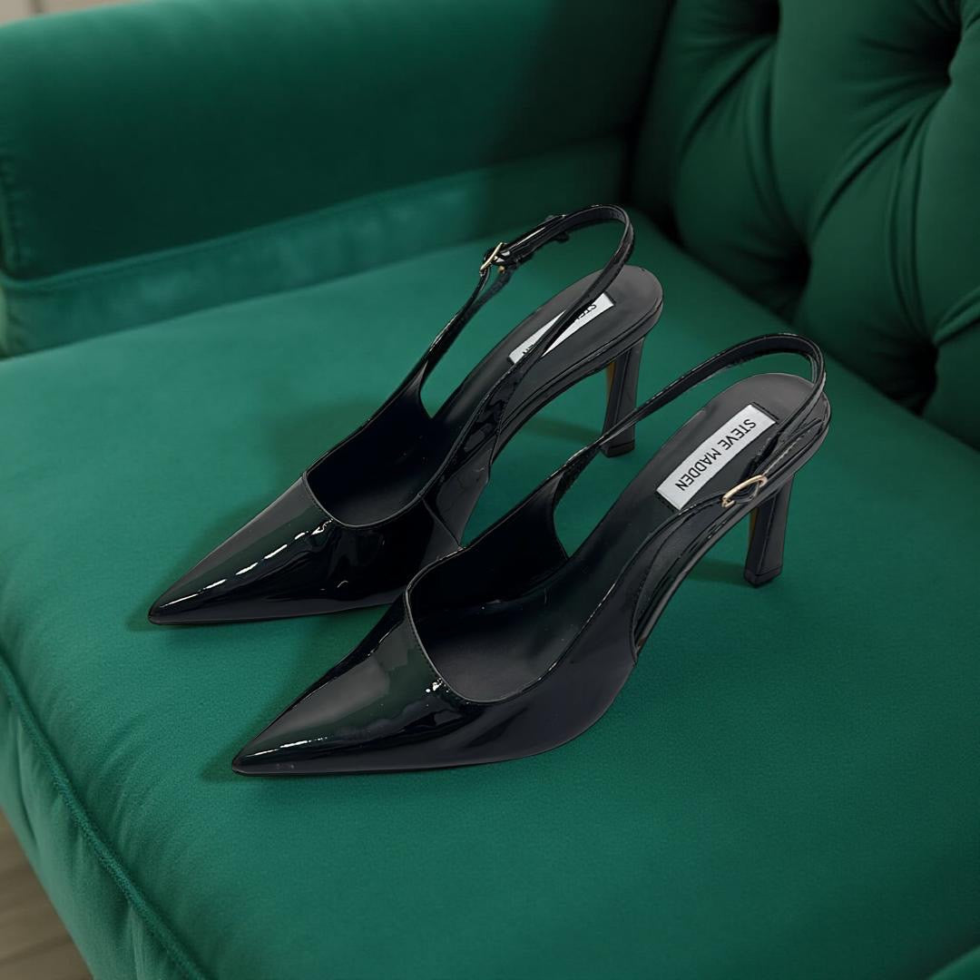 Steve Madden Patent Leather Pointed Toe Slingback Heels in Black