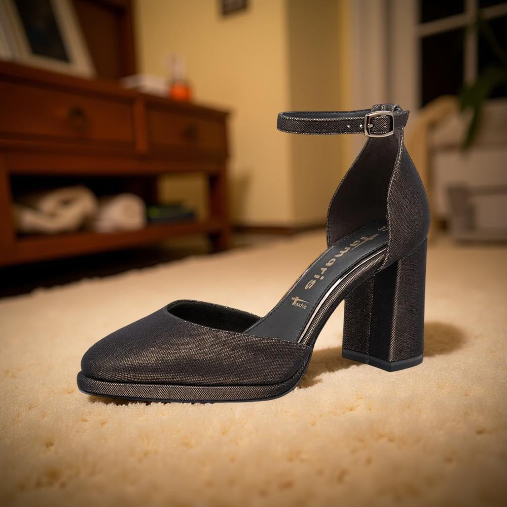 Tamaris Gold Shimmer Almond Toe D'orsay Block Heel Pump in Black