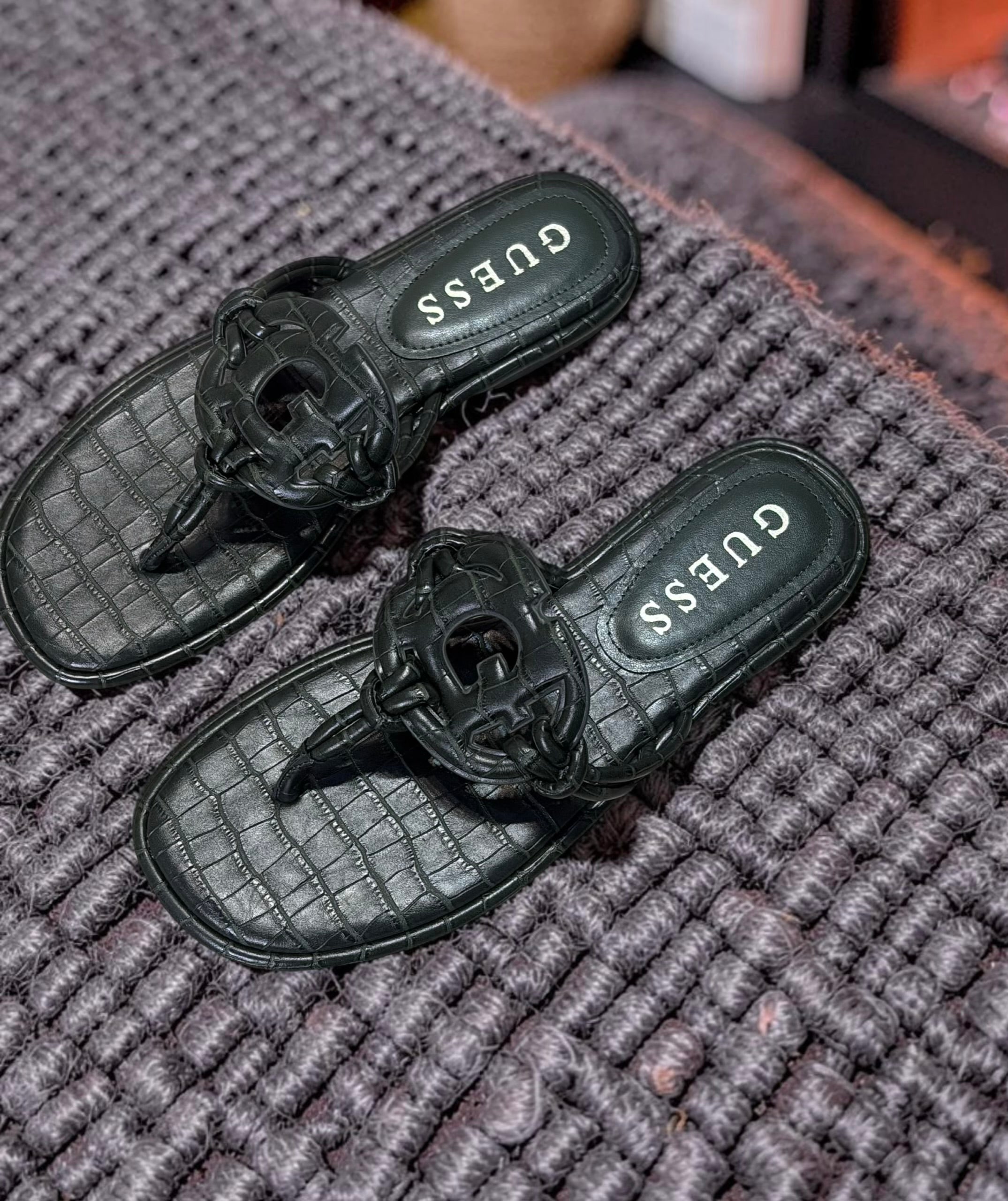 Guess Faux Croc Skin Leather Slippers in Dark Green