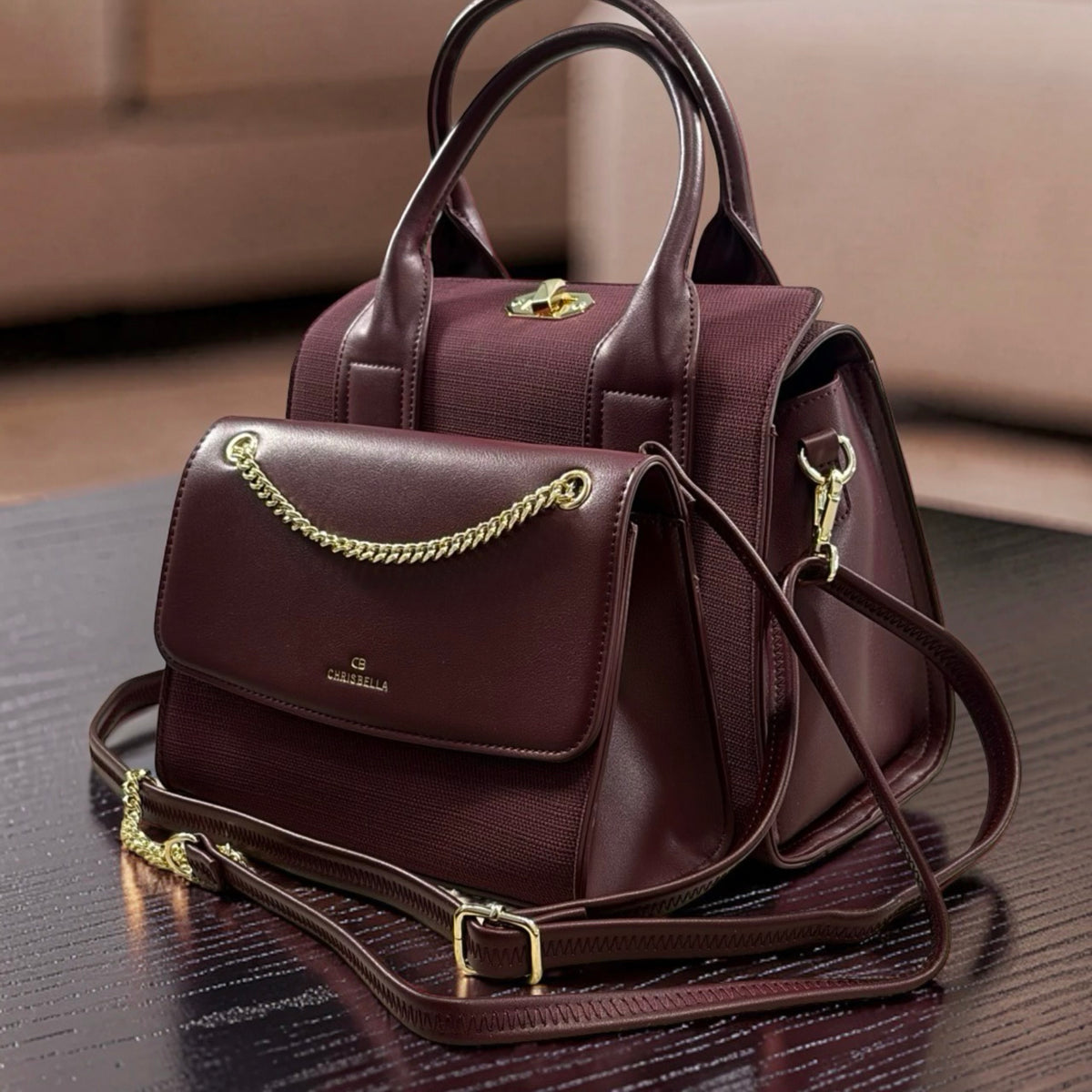 Chrisbella Textured Two-in-One Bag in Burgundy