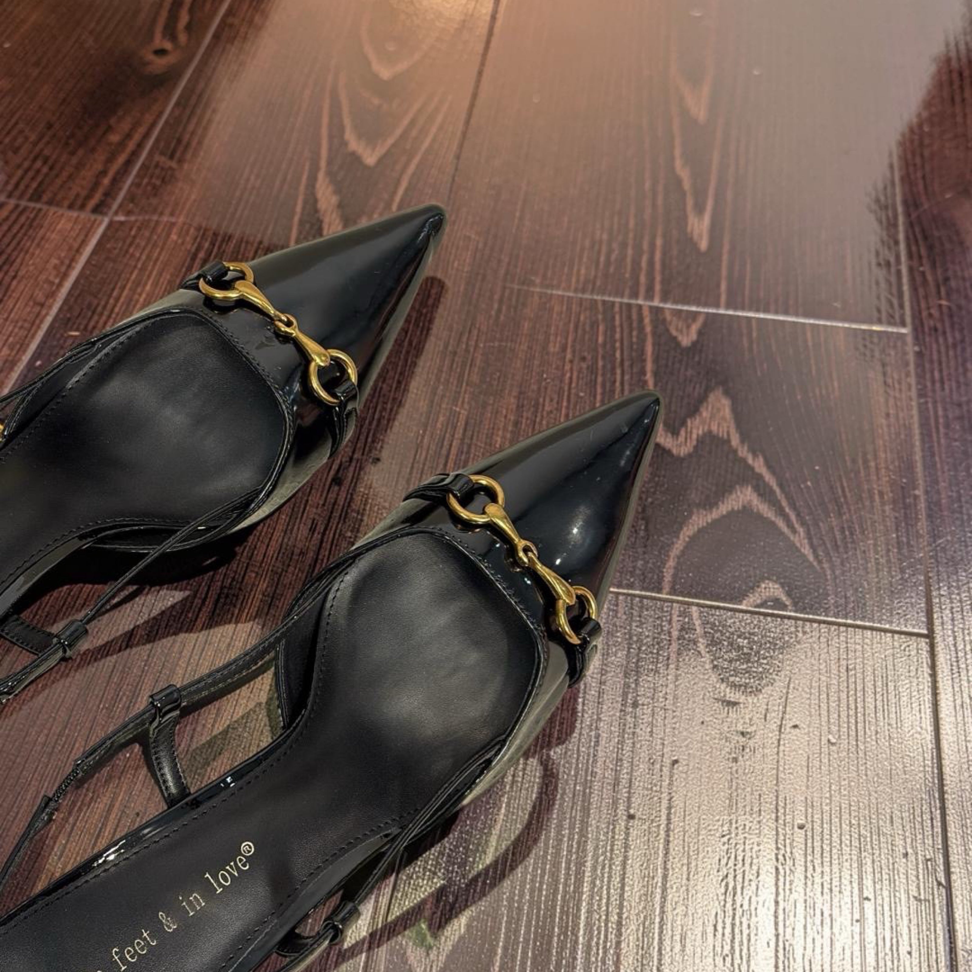 On Feet & In Love Bell Detail Pointed Toe Slingback Heels in Black