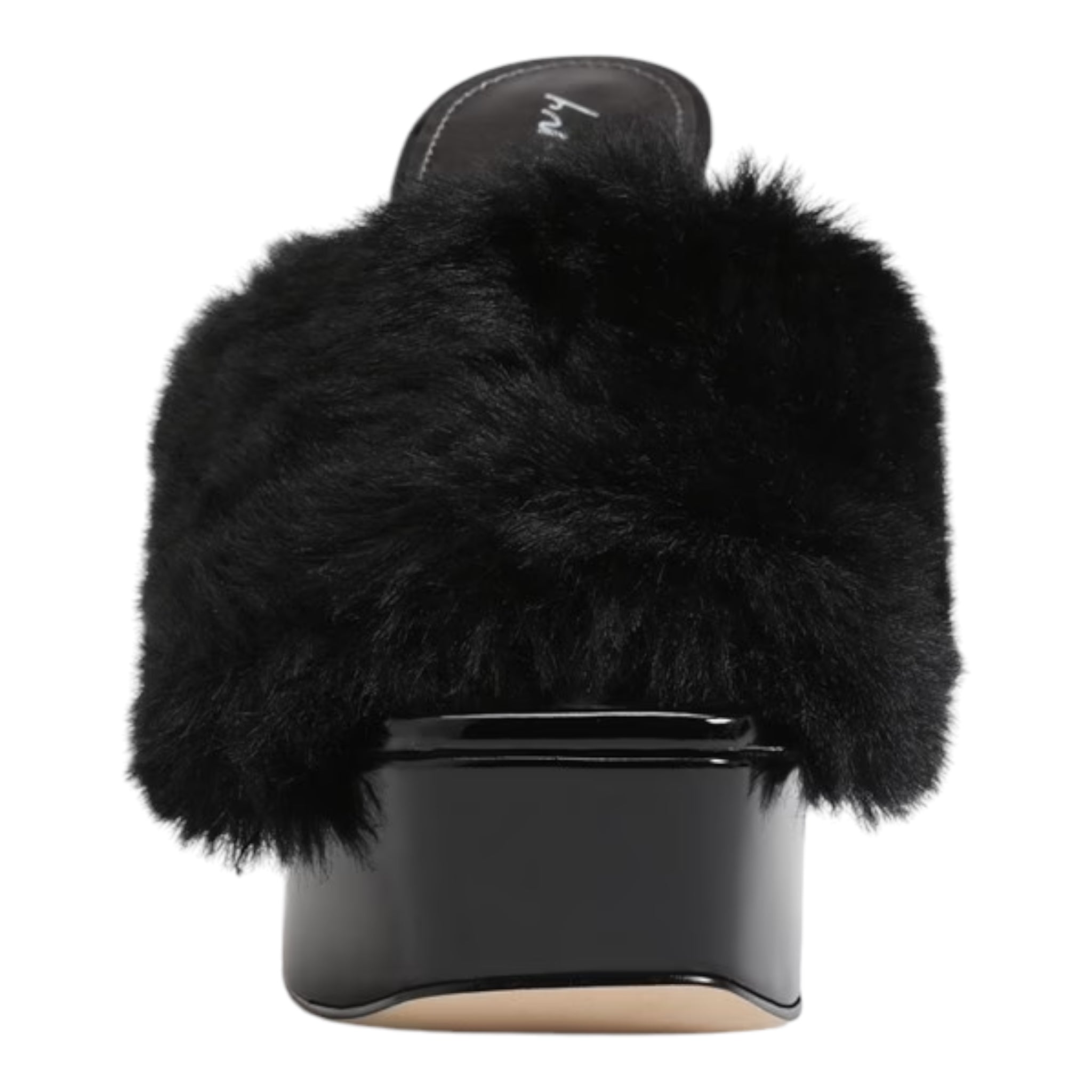 CIRCUS NY FUR STRAP CAKESTAND HEELED MULE IN BLACK