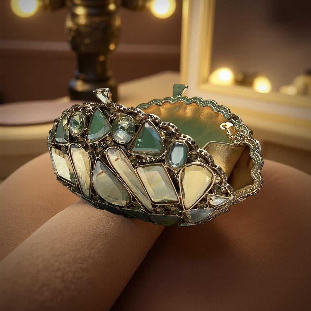 Valencia Structured Clutch Party Purse with Stones in Gold