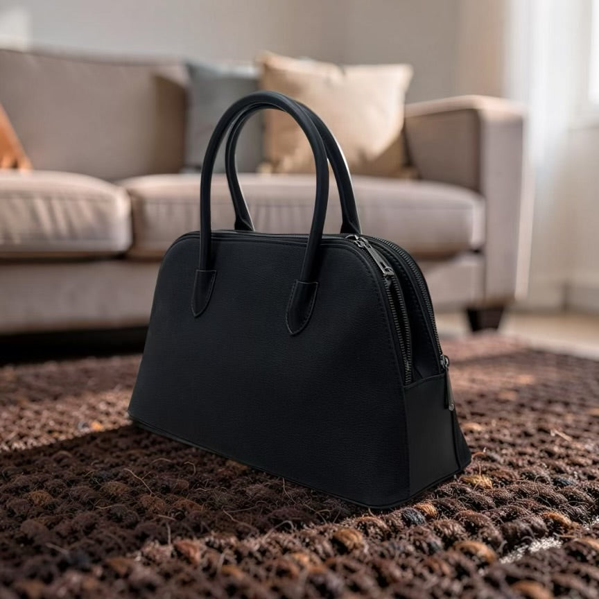 Chrisbella Double Comparment Matte Leather Bag in Black