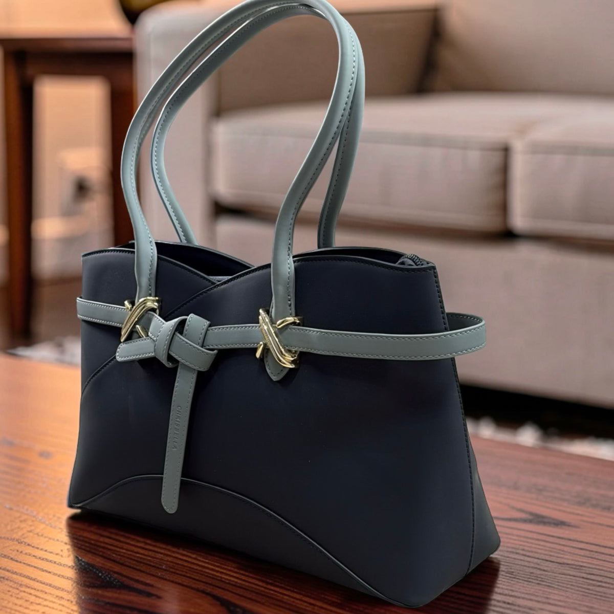 Chrisbella Landscape-Design Belt-Detail Bag in Navy