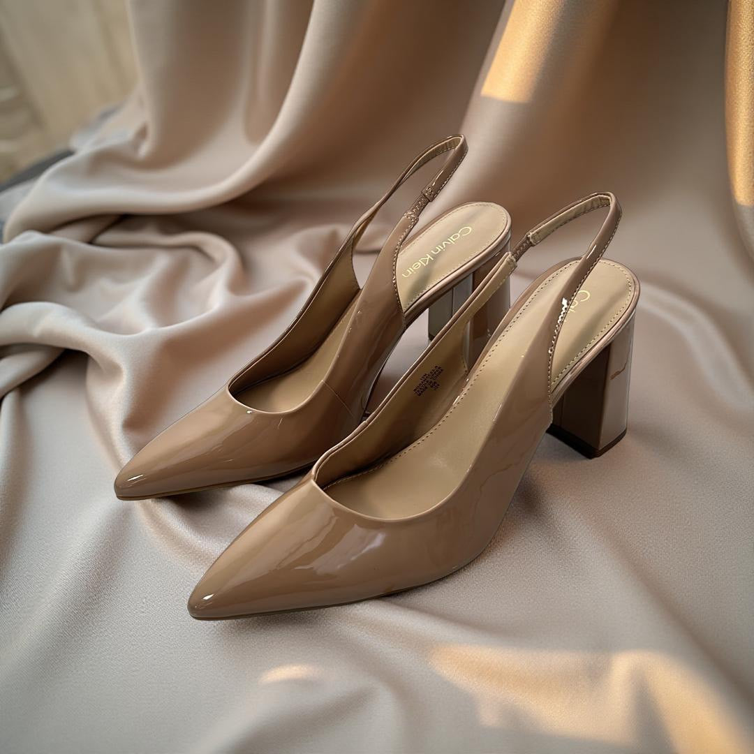 Calvin Klein Patent Leather Pointed Toe Block Heel Slingbacks in Nude