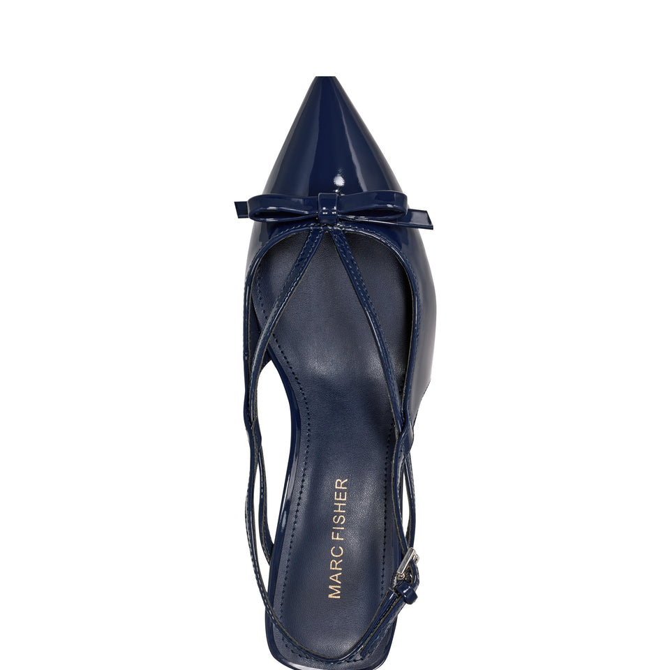 Marc Fisher Pointed Toe Bow Detail Block Heel Pump in Navy