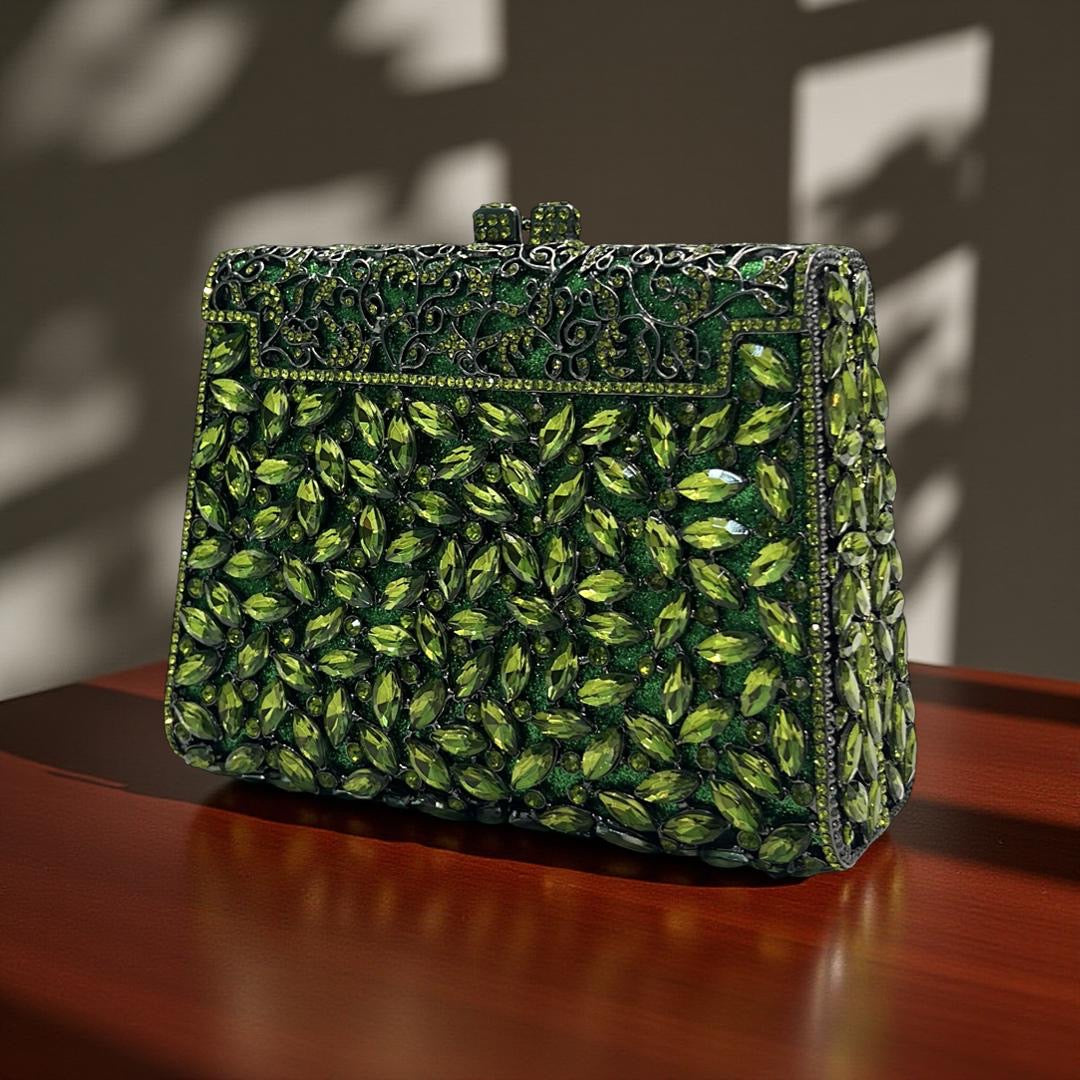 Milan Luxe Clutch Structured Party Purse with Stones in Pear Green
