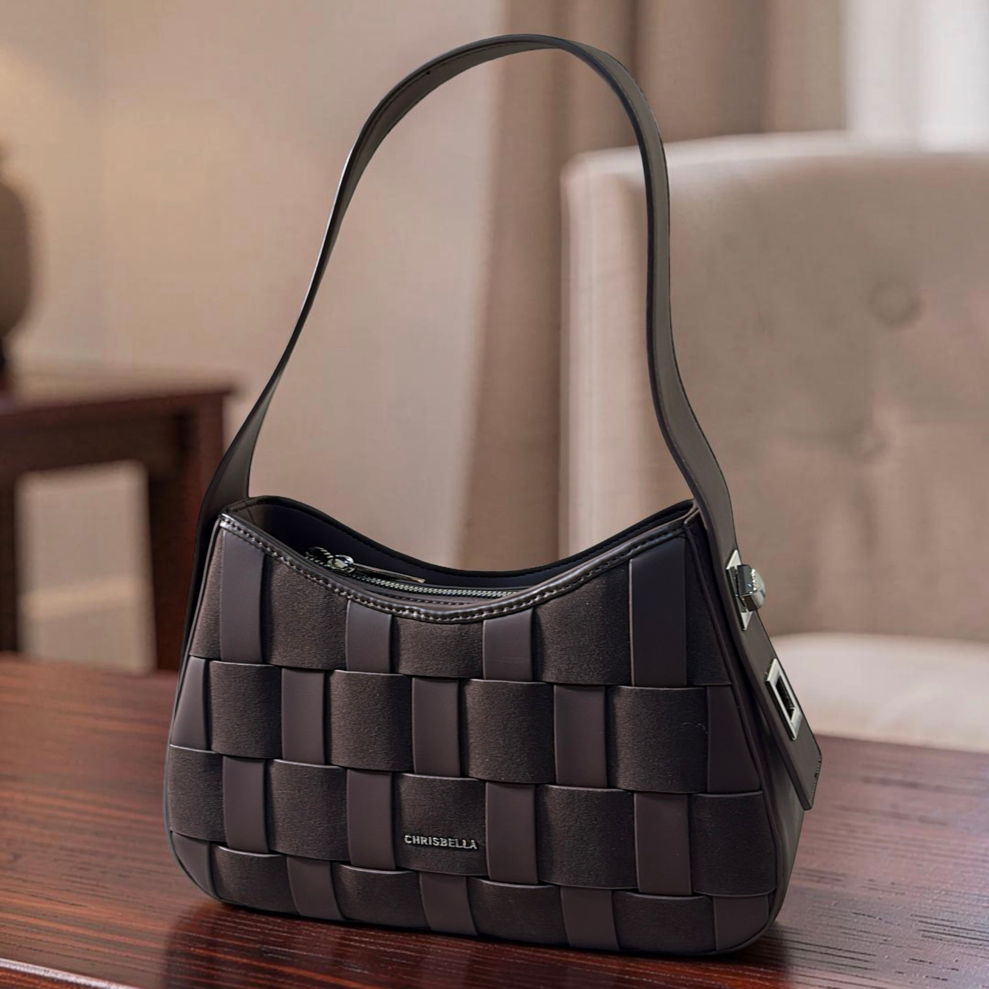 Chrisbella Mat Deisgn Single Strap Shoulder Bag in Coffee
