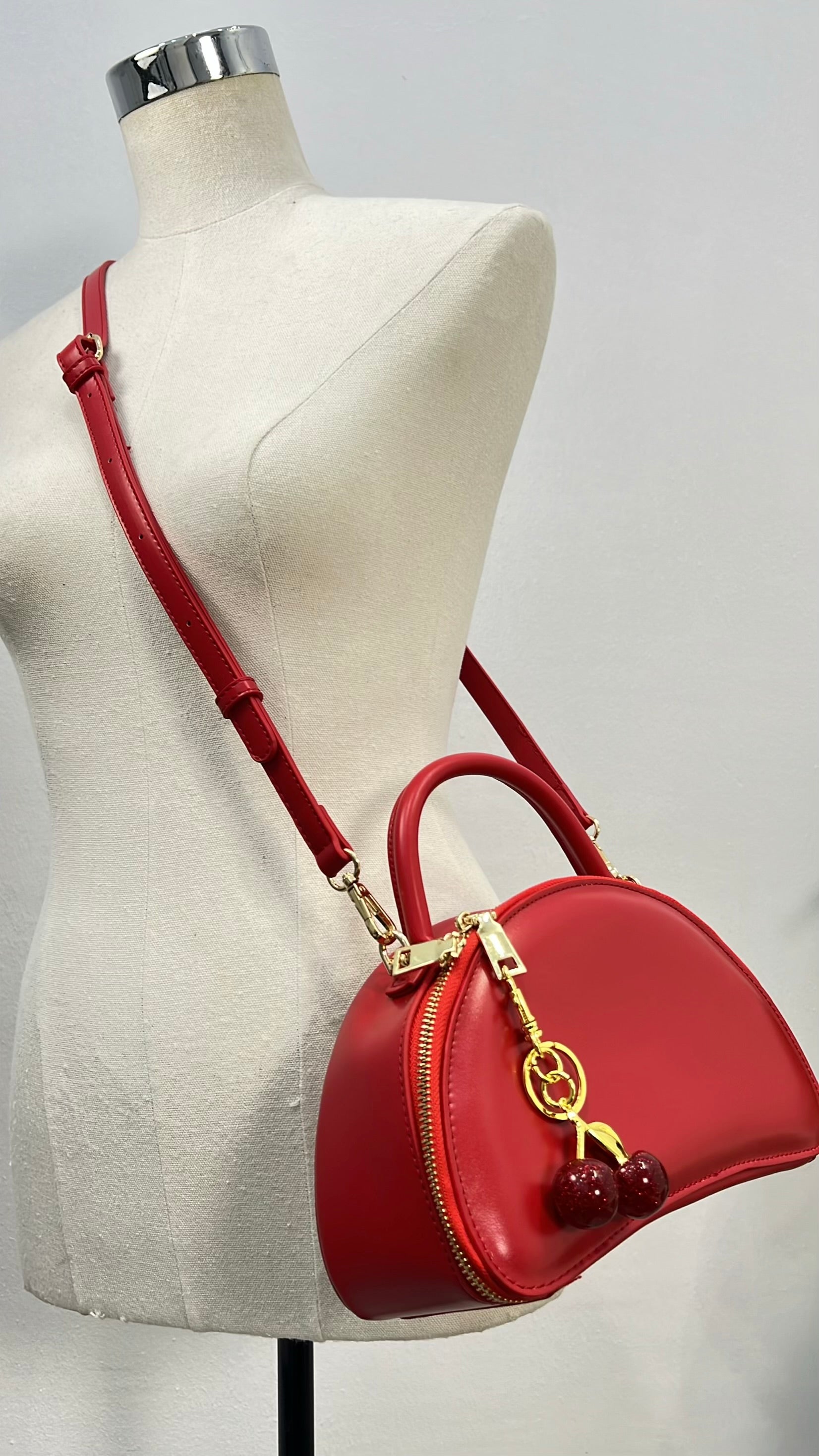 Classic Top Handle Semi-Circle Cherry Charm Mini Bag in Red