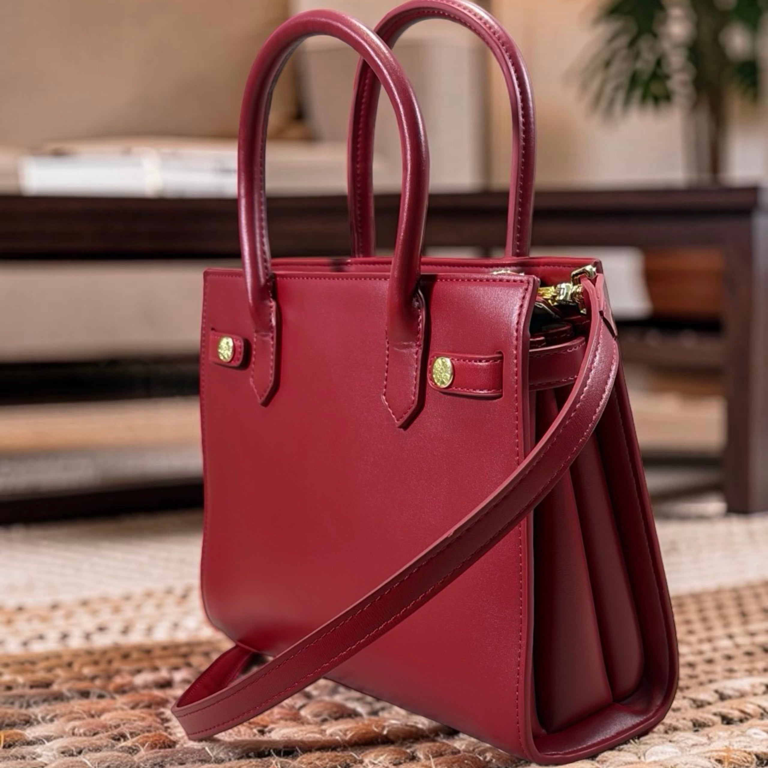 Versse Tassel Detail Structured Double Handle Bag in Bordo