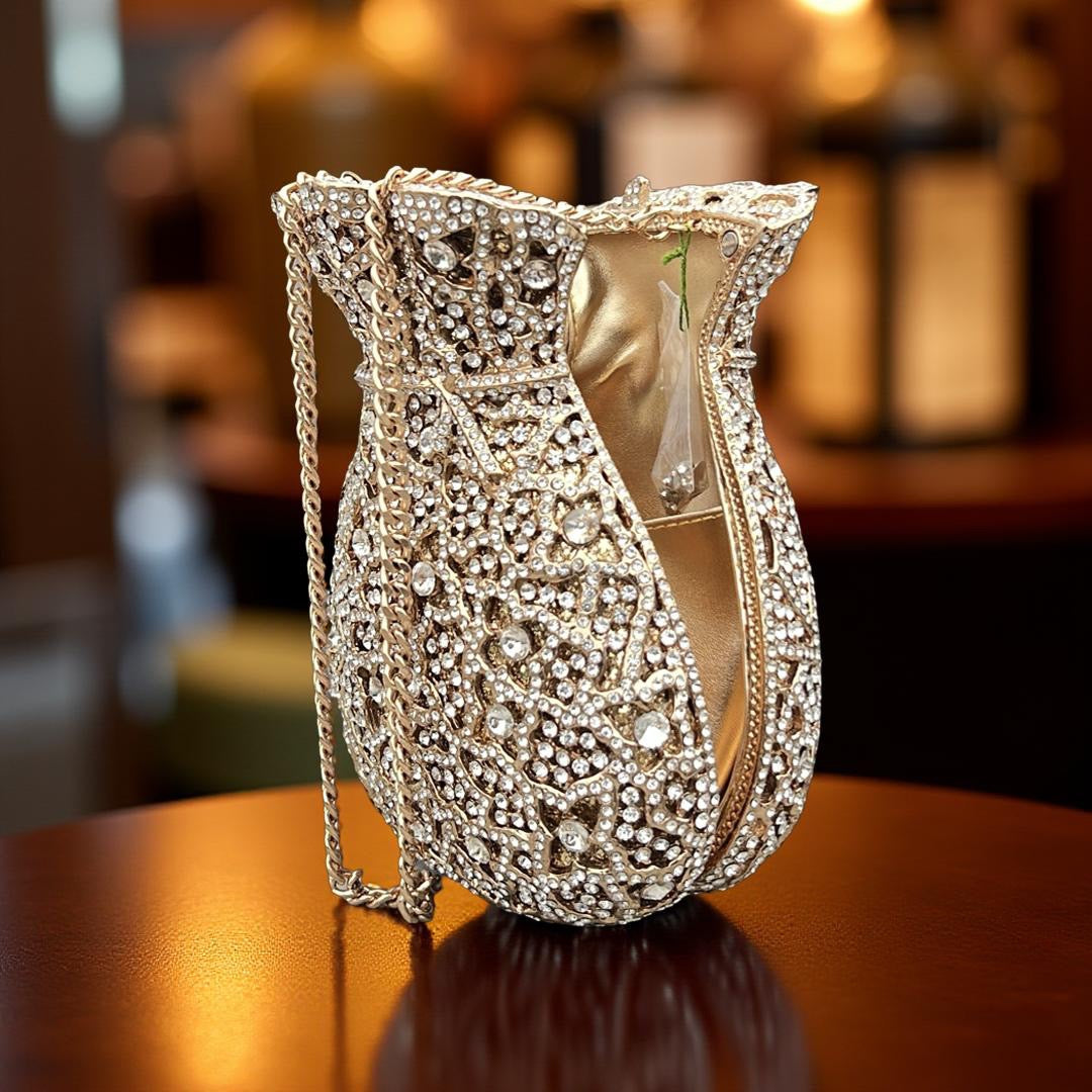 Portofino Luxe Clutch Structured Party Purse with Stones in Gold